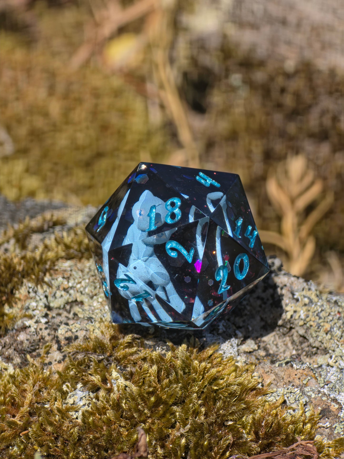 Shiny Mew's Stardust Shiny Mew D20 35mm – Pokémon Inspired Handmade Resin Dice | Custom Sharp Edge Chonk D20 for DnD, RPG & Collectors