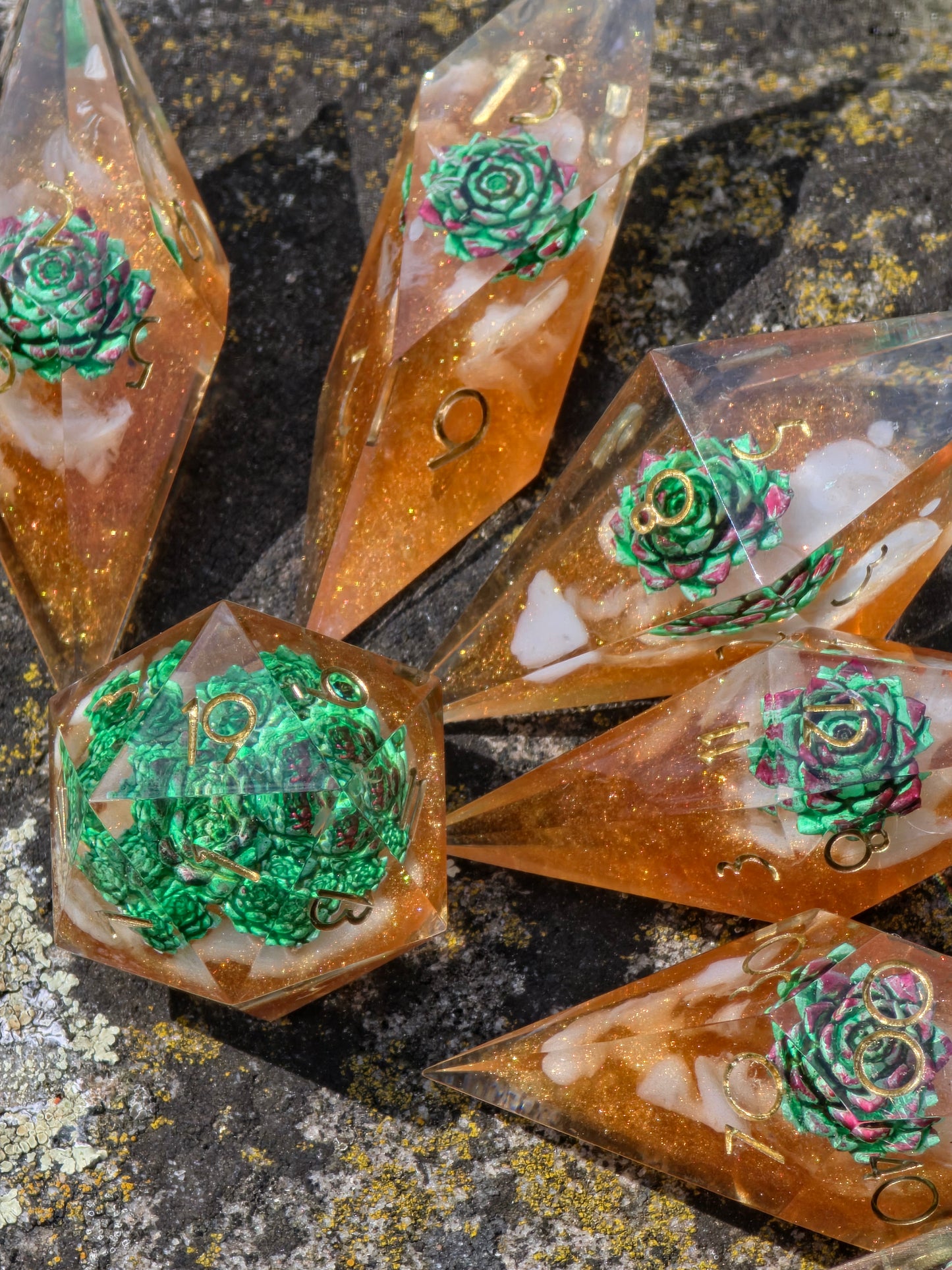 Verdant Ember Grove Succulent Nature Dice Set – Handmade Resin DnD Dice with Succulents, Elongated Sharp Edge RPG Dice, Fantasy Dice Set