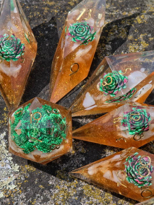 Verdant Ember Grove Succulent Nature Dice Set – Handmade Resin DnD Dice with Succulents, Elongated Sharp Edge RPG Dice, Fantasy Dice Set