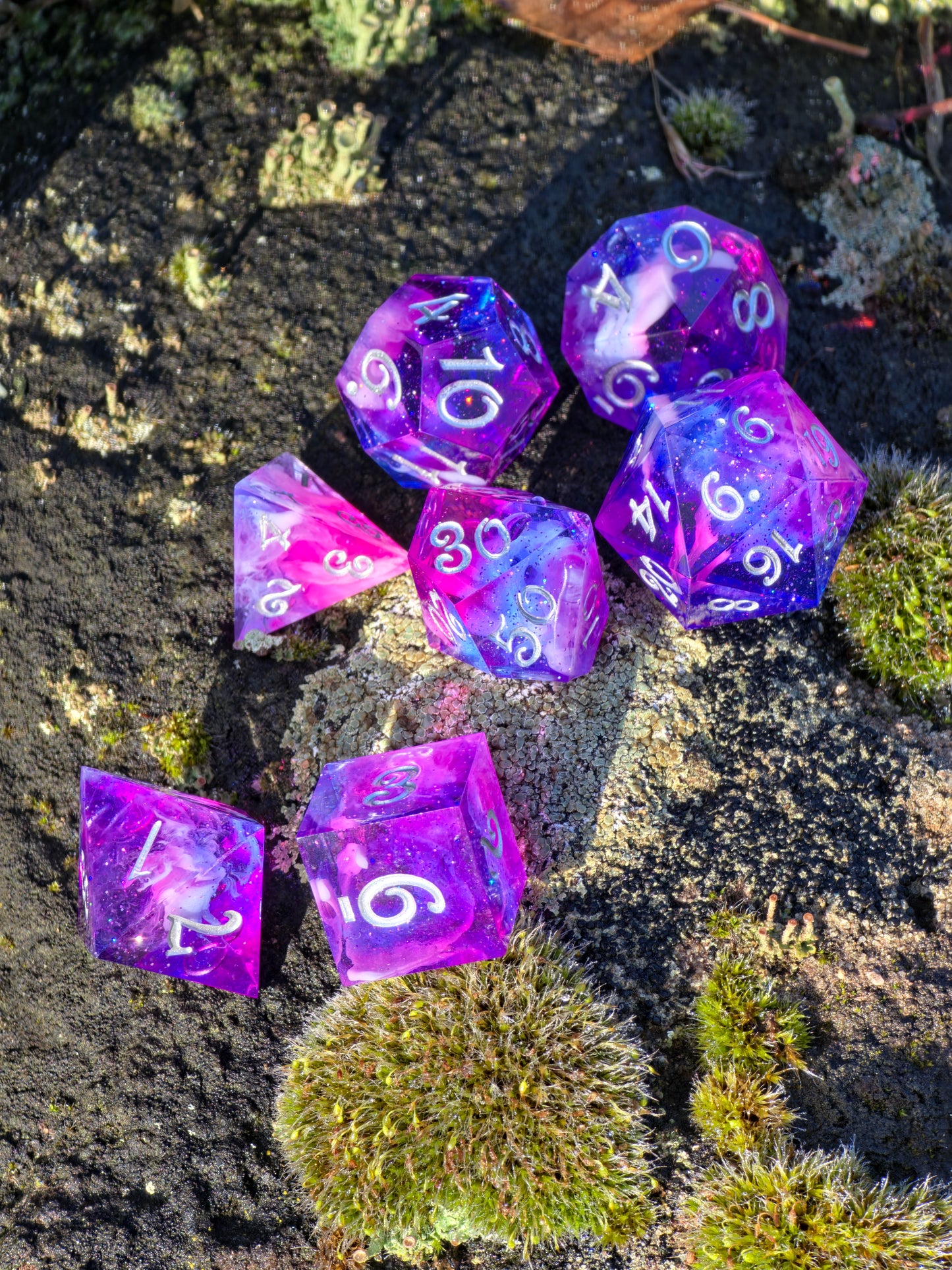 Nebula Heart Galaxy – Polyhedral Dice Set | Pink-Purple-Blue Galaxy &amp; Cloud Petri Effect | Resin D&amp;D Dice Set with Silver Numbers | Handmade