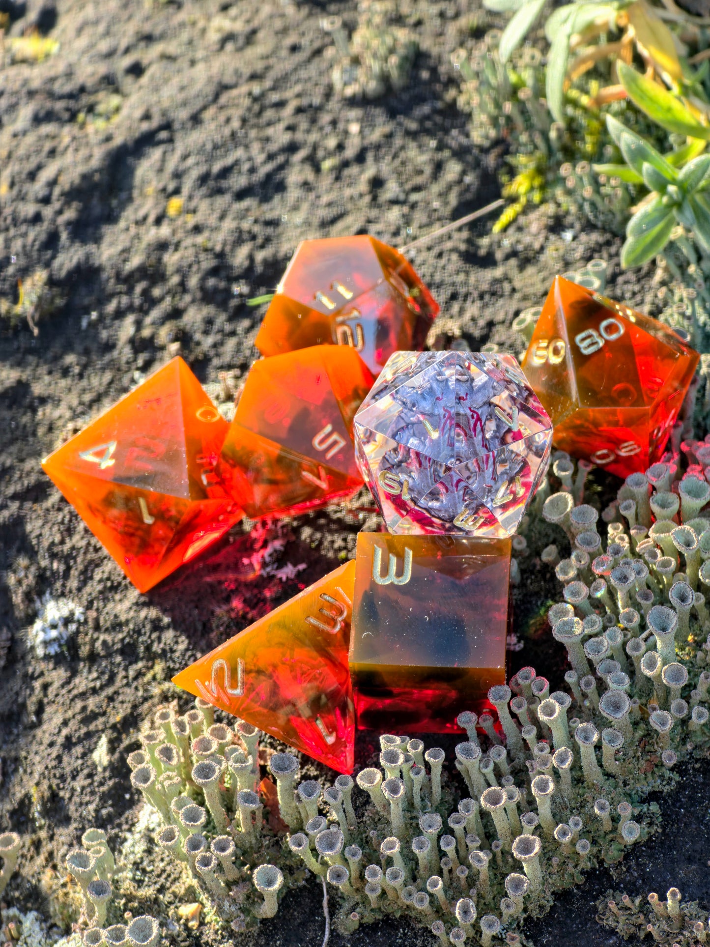Handgemachtes DnD Würfelset „Blood Cerberus“ – Resin Dice Set 7-teilig | D20 mit Cerberus | Rot Schwarz | Sharp Edge | Goldene Zahlen | RPG Würfel