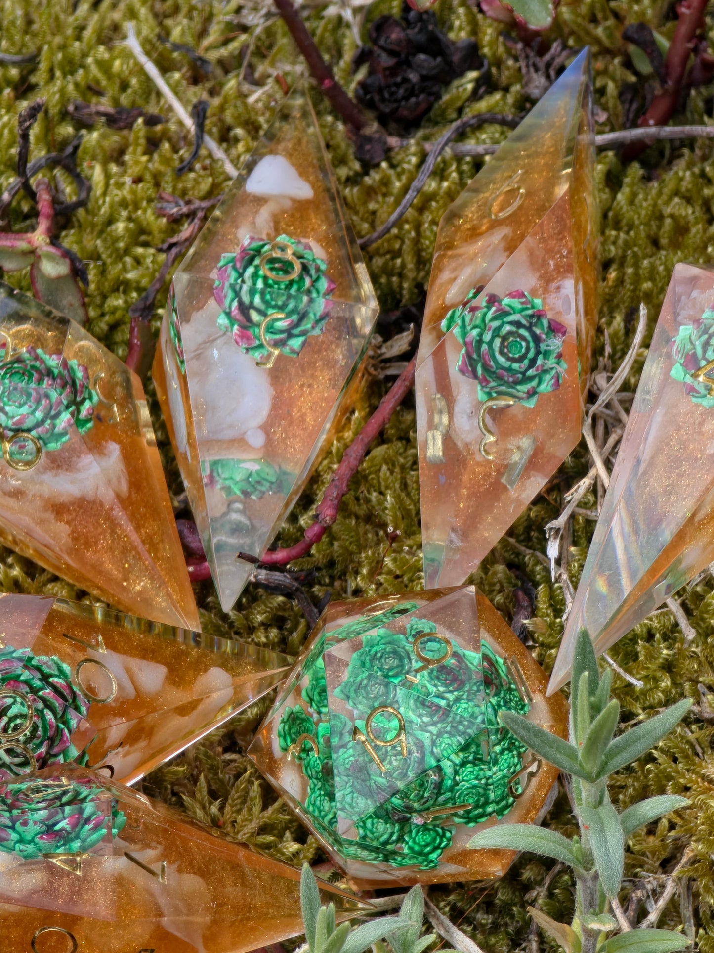 Verdant Ember Grove Succulent Nature Dice Set – Handmade Resin DnD Dice with Succulents, Elongated Sharp Edge RPG Dice, Fantasy Dice Set