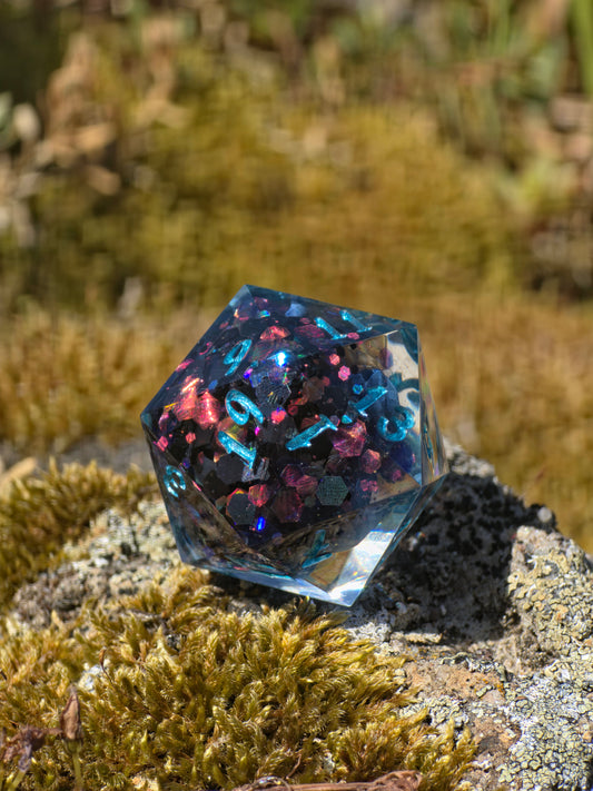 Shiny Mew's Stardust Shiny Mew D20 35mm – Pokémon Inspired Handmade Resin Dice | Custom Sharp Edge Chonk D20 for DnD, RPG & Collectors
