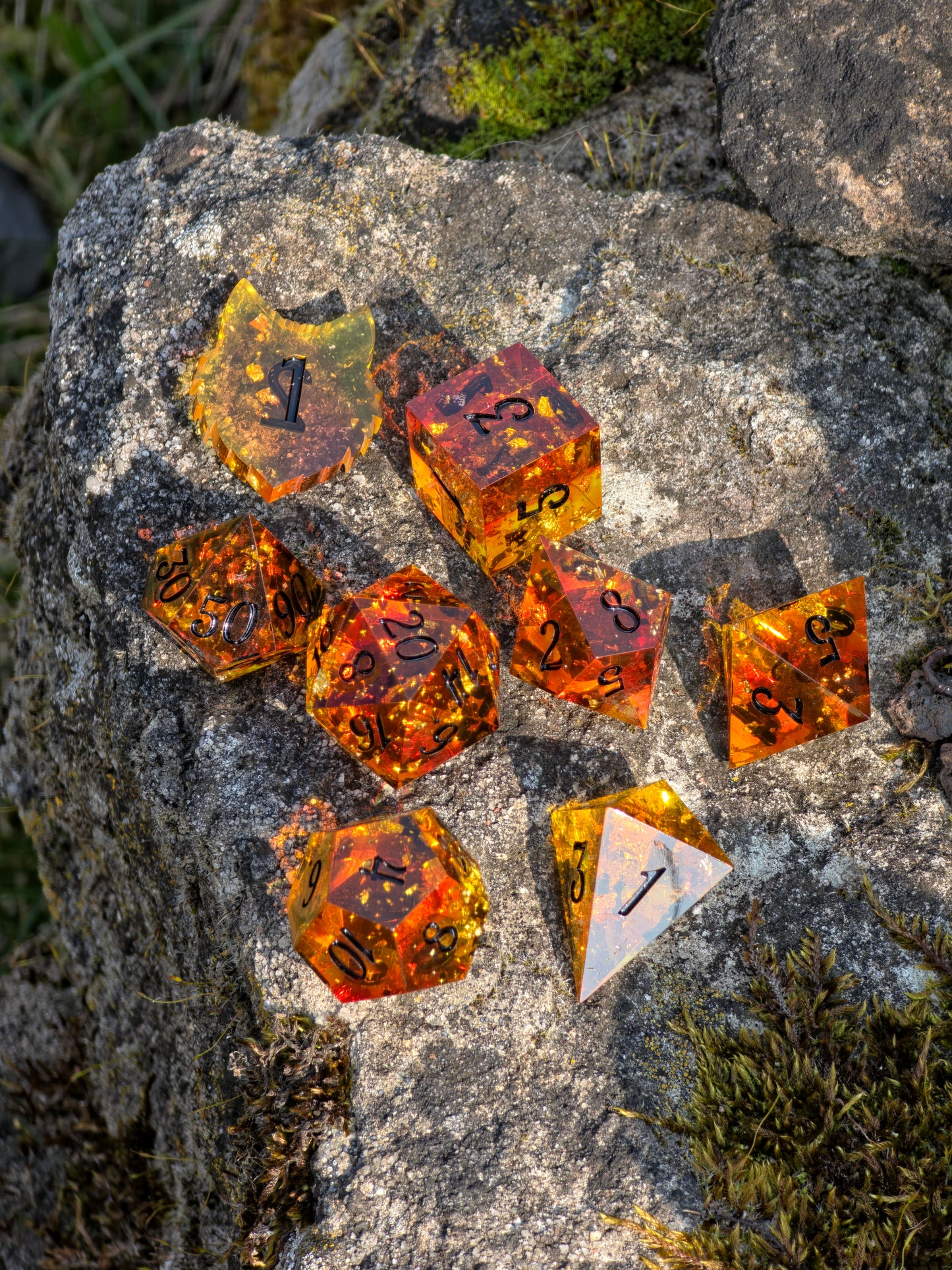 Amber Dice Set "Golden Resin Amber" - 8 Dice Set with Gold Flakes, Honey Amber Effect | Black Numbers | Handmade Sharp Edge TTRPG Dice