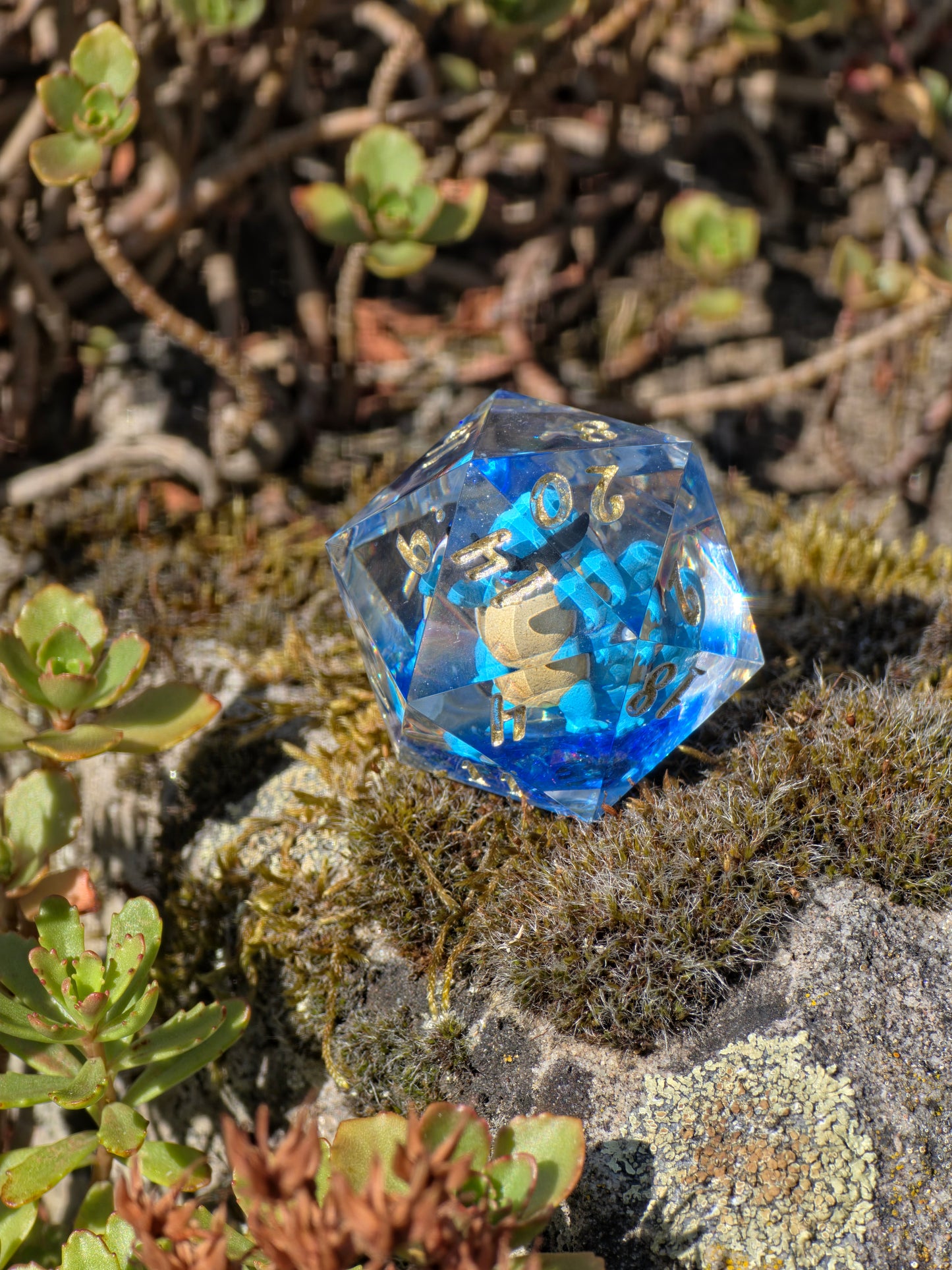 Shiggy – Summer Galaxy D20 35 mm – Pokémon-inspirierter Resin Würfel mit Sonnenbrille | Galaxy Design | Handgefertigter DnD Würfel
