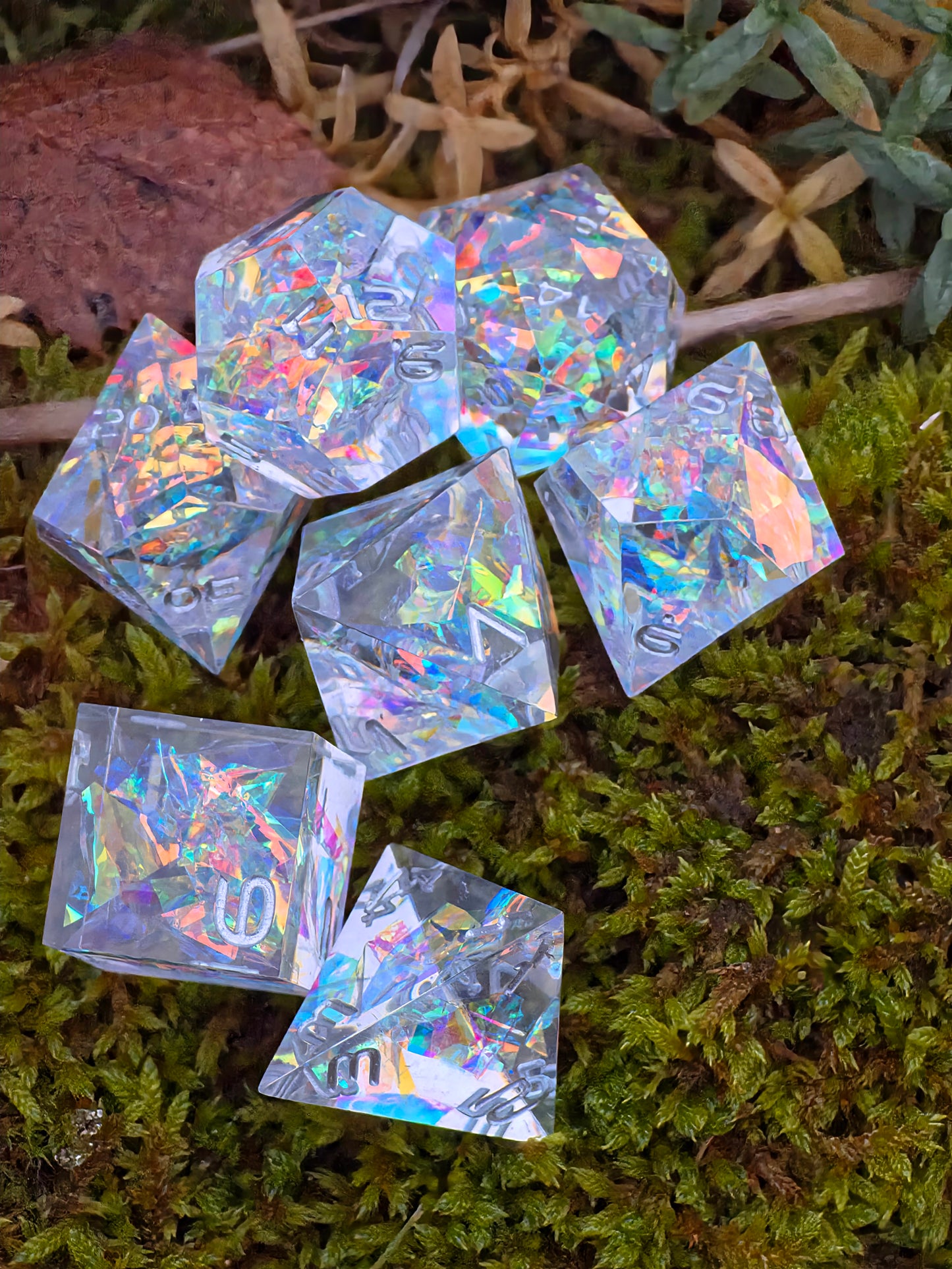 Prismatic Aether – Crystal Fragment of First Magic | Holographic Rainbow Dice Set | Handmade Resin D&amp;D Dice | Clear &amp; Iridescent