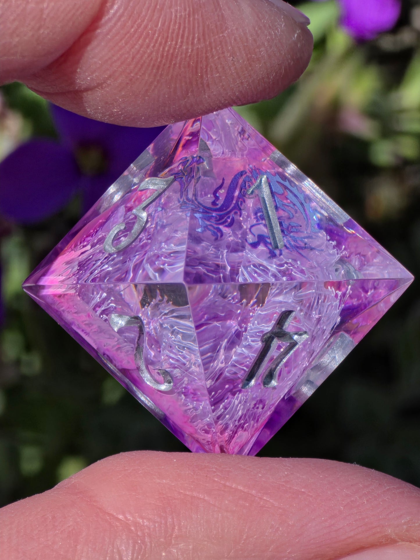 Fantasy Dragon Dice Set – Purple Pink Petri Resin Dice with Dragon Inside, Sharp Edge DnD Dice, Handmade TTRPG Dice