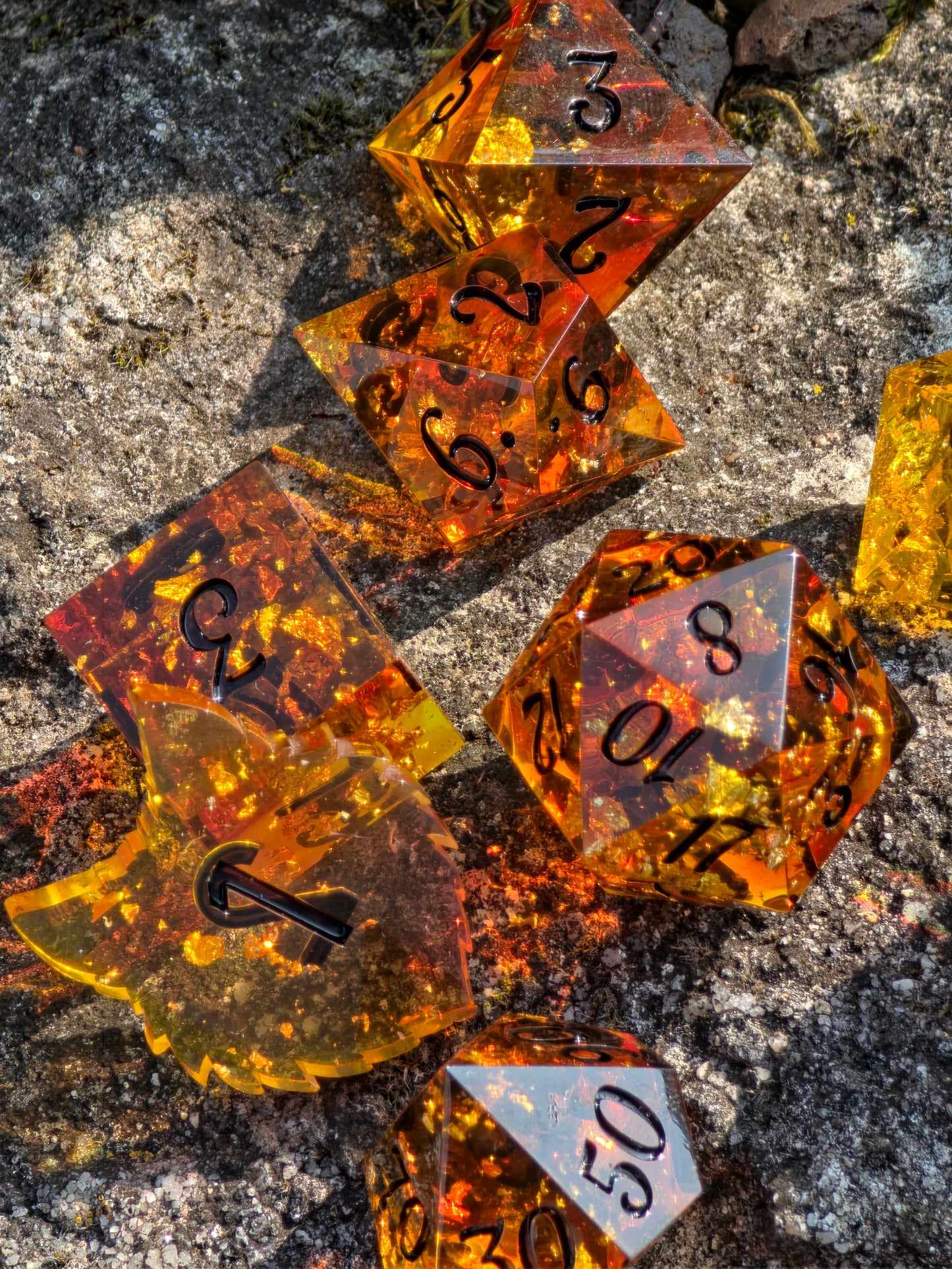Amber Dice Set "Golden Resin Amber" - 8 Dice Set with Gold Flakes, Honey Amber Effect | Black Numbers | Handmade Sharp Edge TTRPG Dice