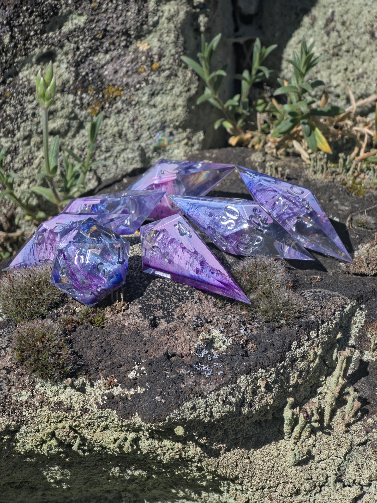 Aether Bloom Elongated Petri Dice Set – Handmade Resin Dice, Purple Blue Petri Effect, Unique Long Dice, DnD Dice, Collector Dice
