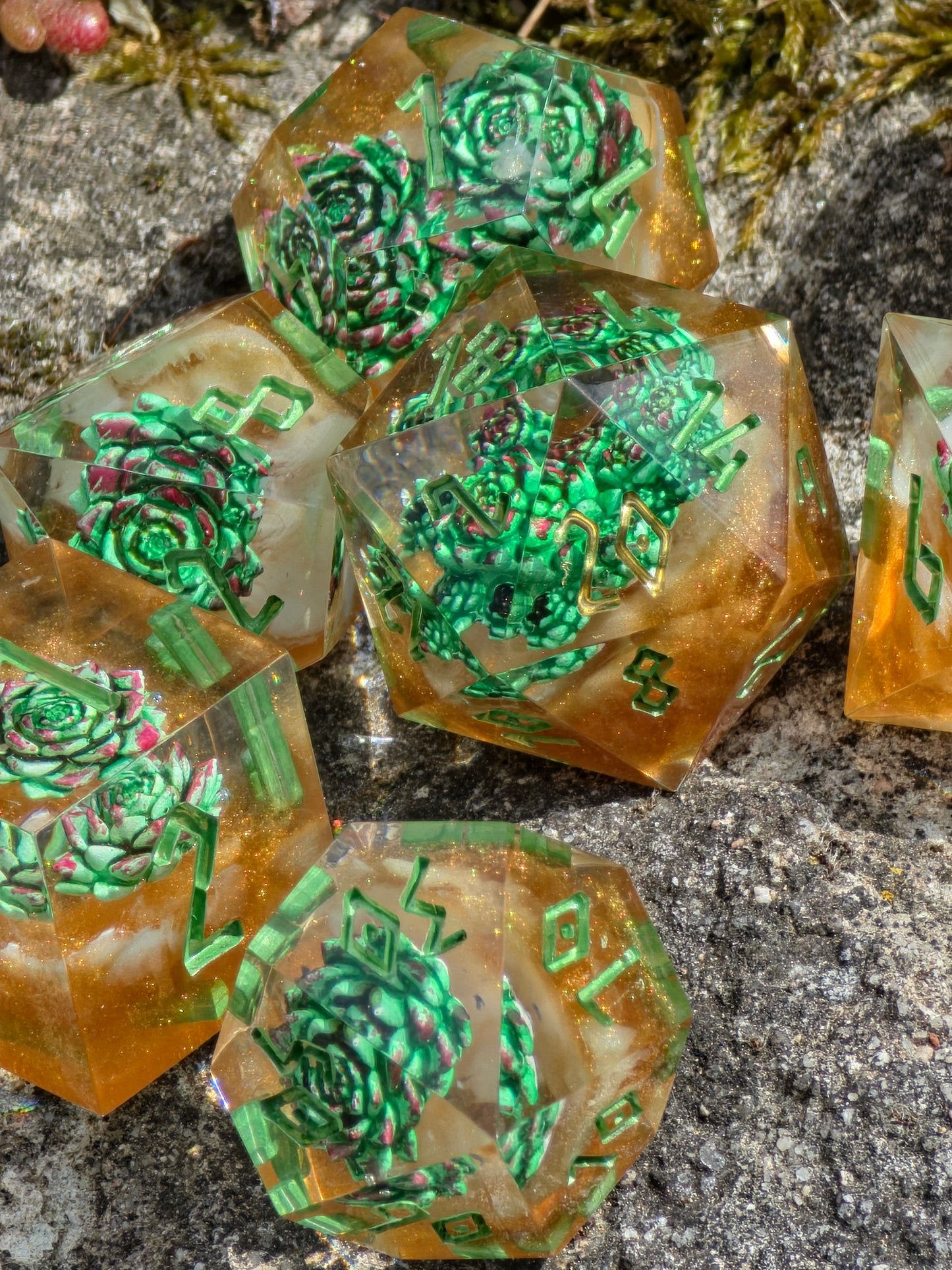 DnD Würfel Set Succulenten – Handgemachte Resin Würfel, Grün Gold Dice, Fantasy Würfel Set, RPG Dice,Mini succulent inserts, Nature