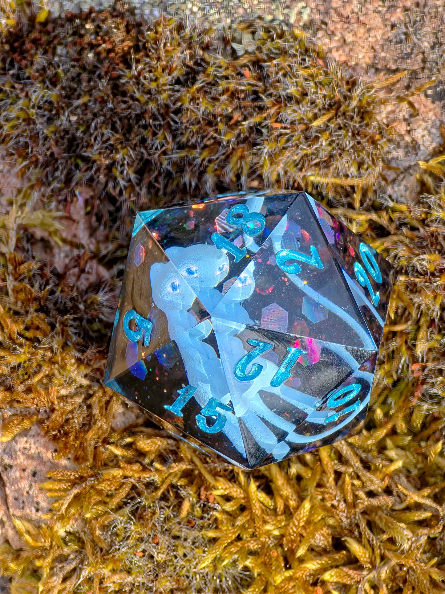 Shiny Mew's Stardust Shiny Mew D20 35mm – Pokémon Inspired Handmade Resin Dice | Custom Sharp Edge Chonk D20 for DnD, RPG & Collectors