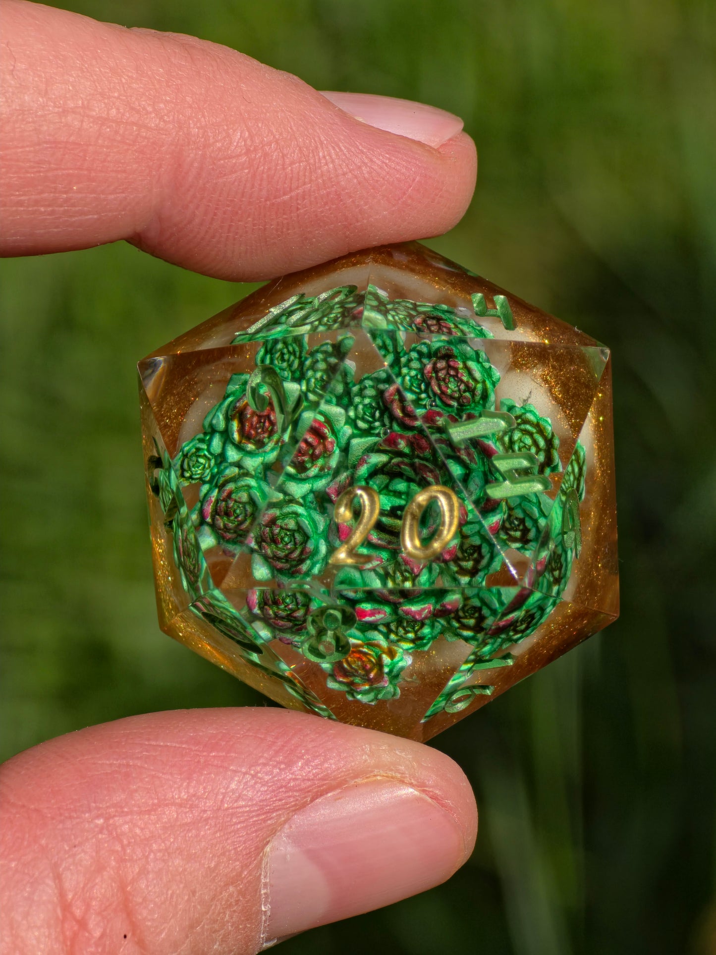 D20 Die 35mm Succulent - Handmade Resin Dice, Green Gold DnD Dice, Single RPG Die, Gift for Gamers