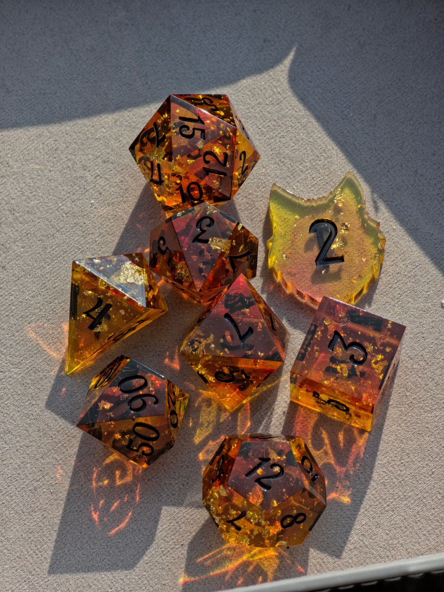 Amber Dice Set "Golden Resin Amber" - 8 Dice Set with Gold Flakes, Honey Amber Effect | Black Numbers | Handmade Sharp Edge TTRPG Dice