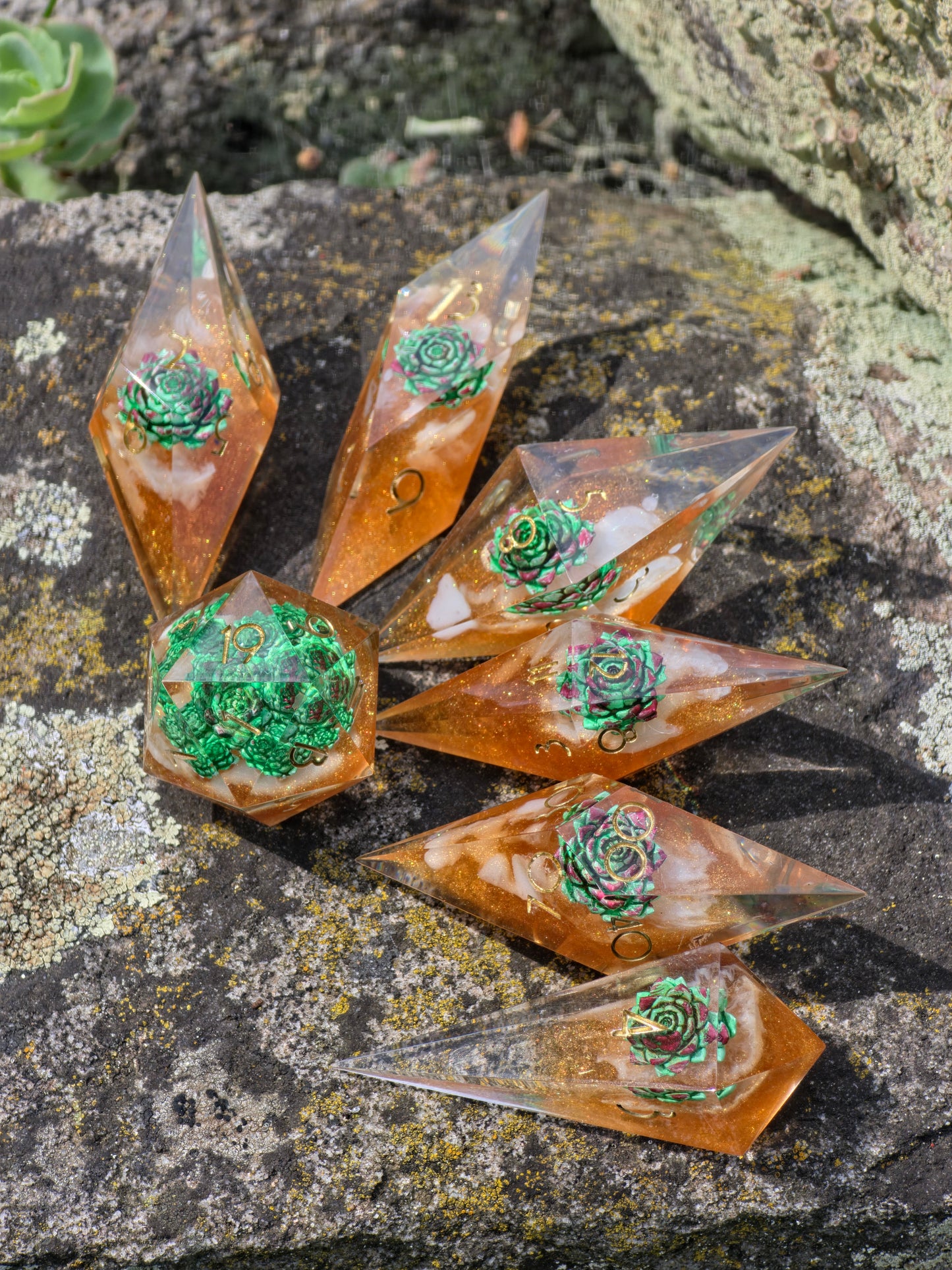 Verdant Ember Grove Succulent Nature Dice Set – Handmade Resin DnD Dice with Succulents, Elongated Sharp Edge RPG Dice, Fantasy Dice Set