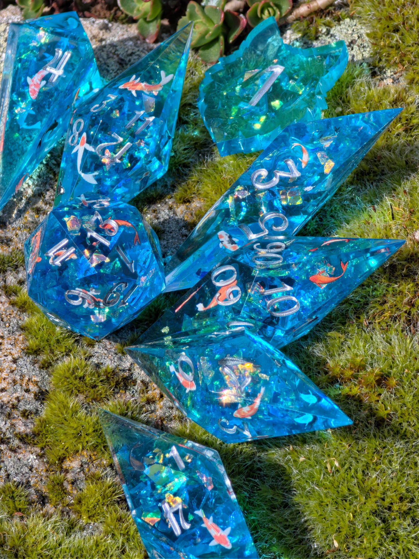 Koi Pond Dice Set – Japanese Koi Fish Resin Dice , Elongated Sharp Edge DnD Dice Set, Blue Water Fantasy Dice, Handmade TTRPG Dice 8pc