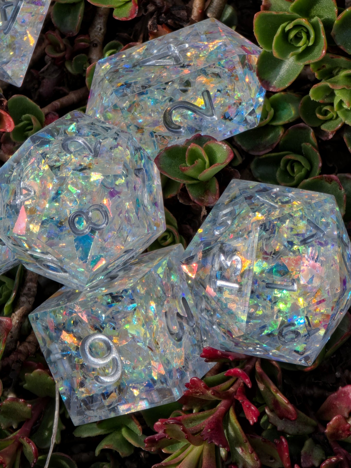 Iridescent Opal Dice Set – Clear Resin DnD Dice with Rainbow Flakes, Prism Light Effect, Sharp Edge Fantasy Dice, Handmade TTRPG Set