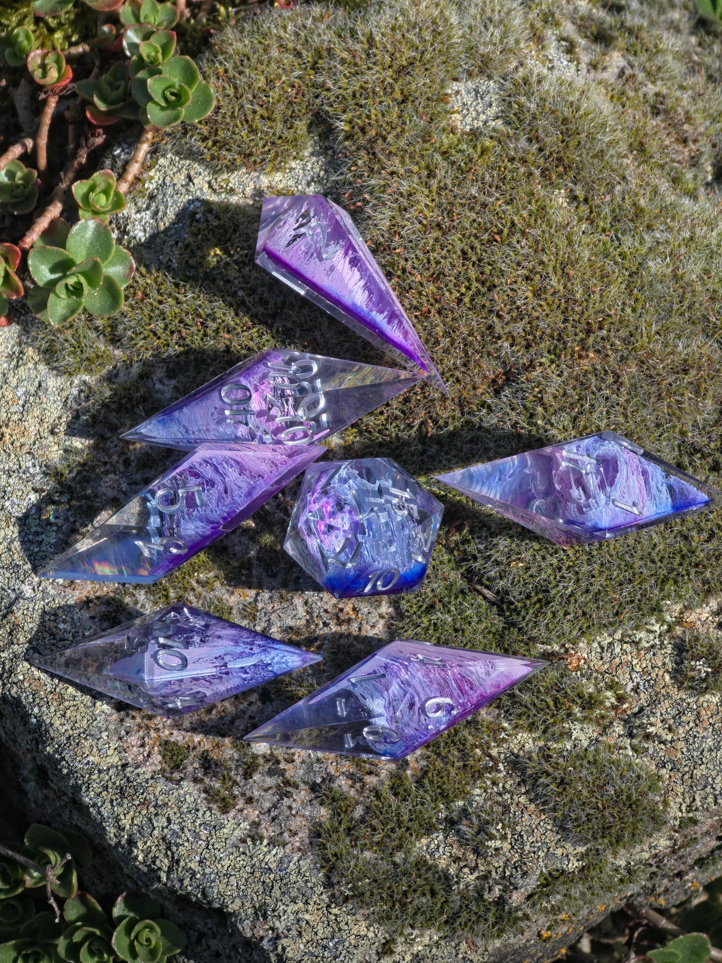 Aether Bloom Elongated Petri Dice Set – Handmade Resin Dice, Purple Blue Petri Effect, Unique Long Dice, DnD Dice, Collector Dice