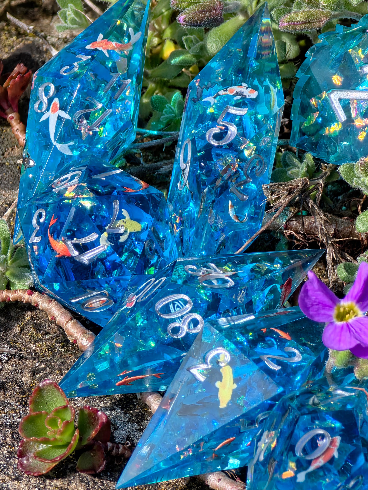 Koi Pond Dice Set – Japanese Koi Fish Resin Dice , Elongated Sharp Edge DnD Dice Set, Blue Water Fantasy Dice, Handmade TTRPG Dice 8pc