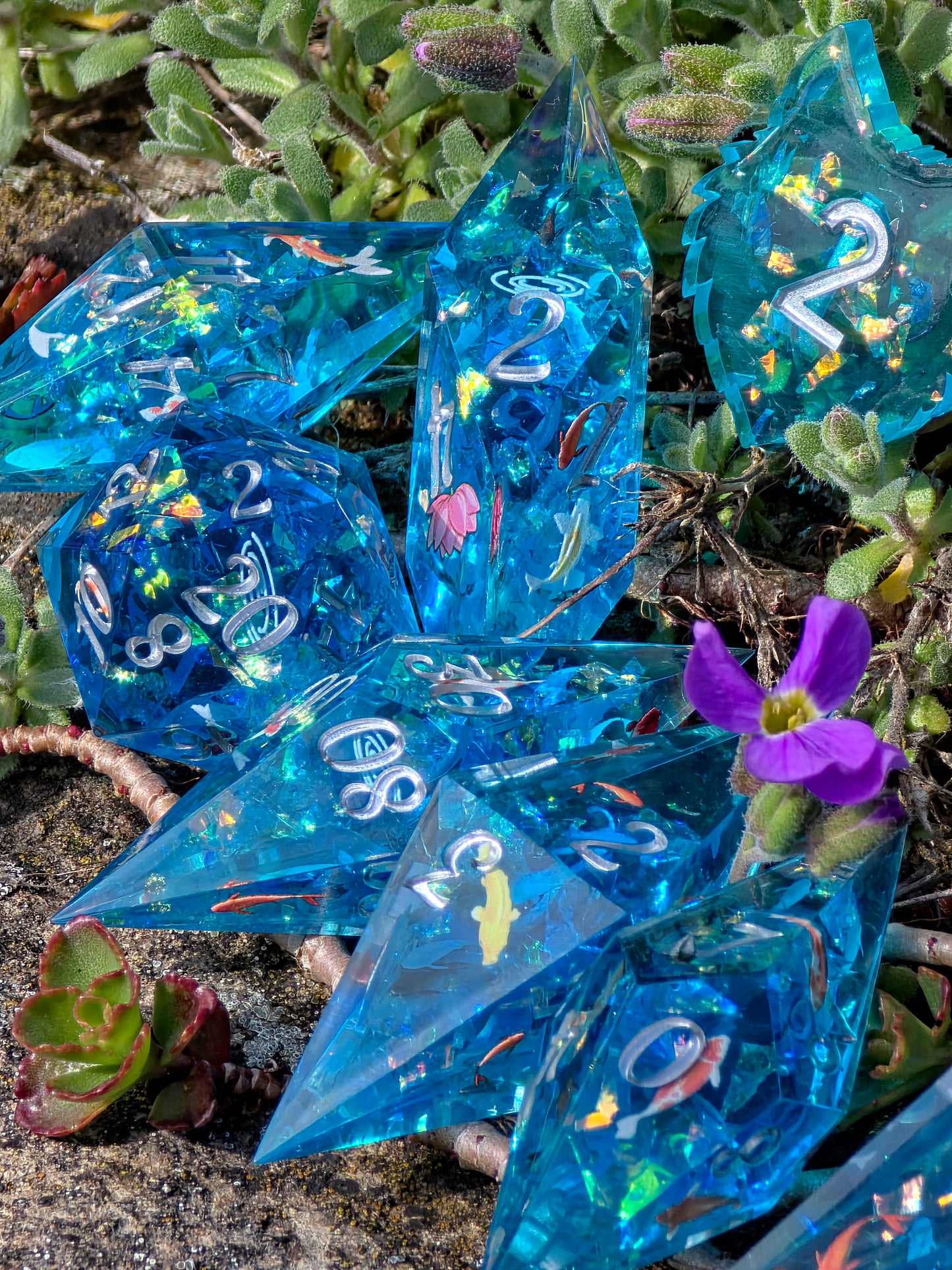 Koi Pond Dice Set – Japanese Koi Fish Resin Dice , Elongated Sharp Edge DnD Dice Set, Blue Water Fantasy Dice, Handmade TTRPG Dice 8pc