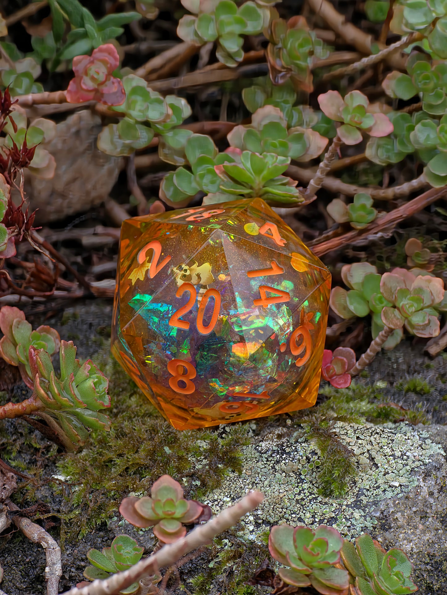 Chonk Polyedrischer D20 Würfel 33–35 mm – Liquid Core Autumn Raccoon Dice | Handgemachter Resin Würfel mit Herbstblättern, Kürbis, Halloween