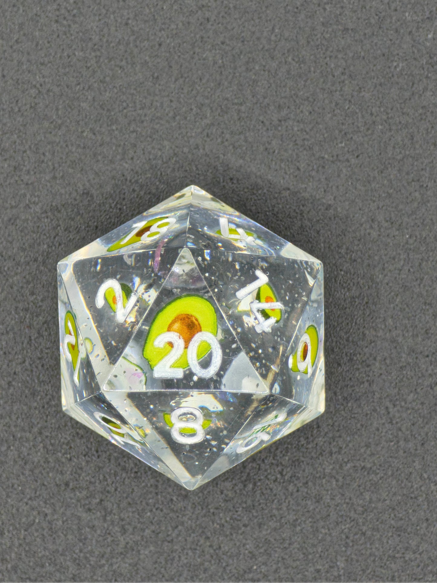 Einzelner Polyedrischer D20 – Avocado Würfel Transparent – Handgemachter Resinwürfel Standardgröße | DnD Pen and Paper TTRPG