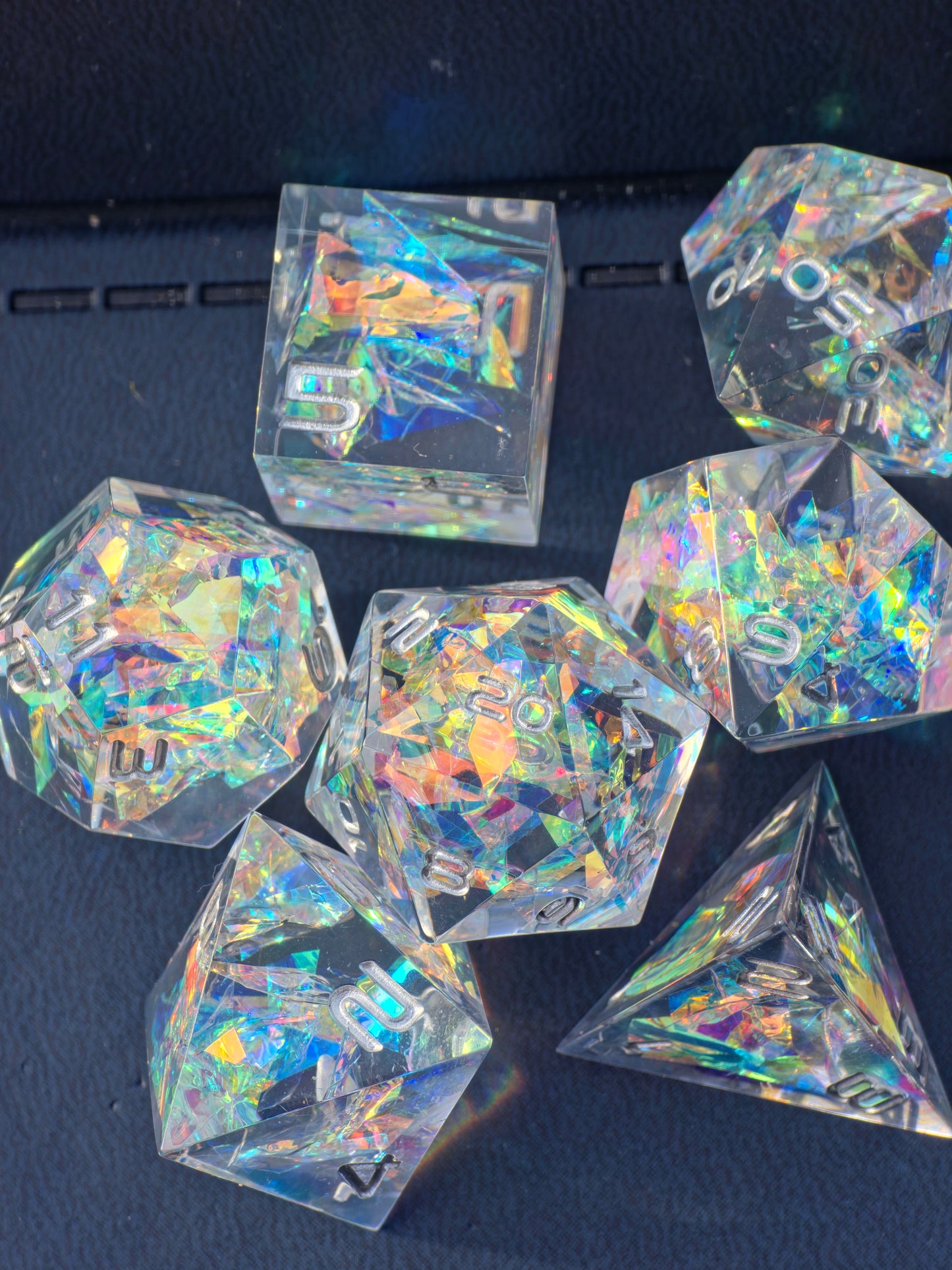 Prismatic Aether – Crystal Fragment of First Magic | Holographic Rainbow Dice Set | Handmade Resin D&amp;D Dice | Clear &amp; Iridescent