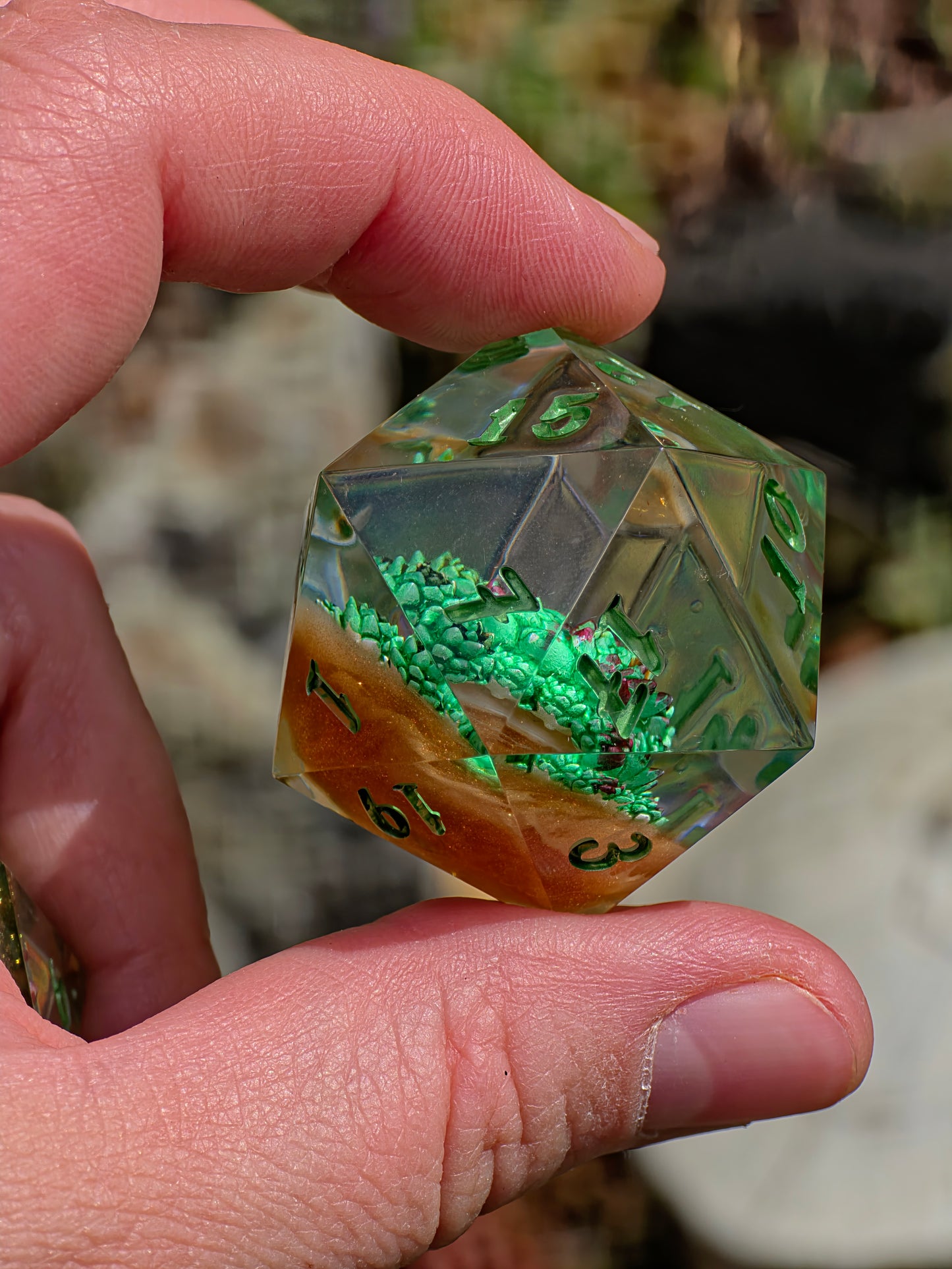 D20 Dice 40mm Succulent – Large Handmade Resin Dice, Green Gold DnD Dice, Premium RPG Single Die