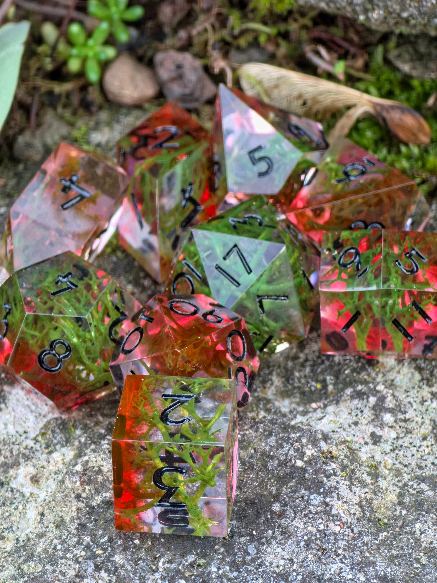 Polyedrisches DnD Würfelset Forest Ember – Handgemachte Resinwürfel mit Moos & rötlichem Lichtschein | DnD Pen and Paper TTRPG