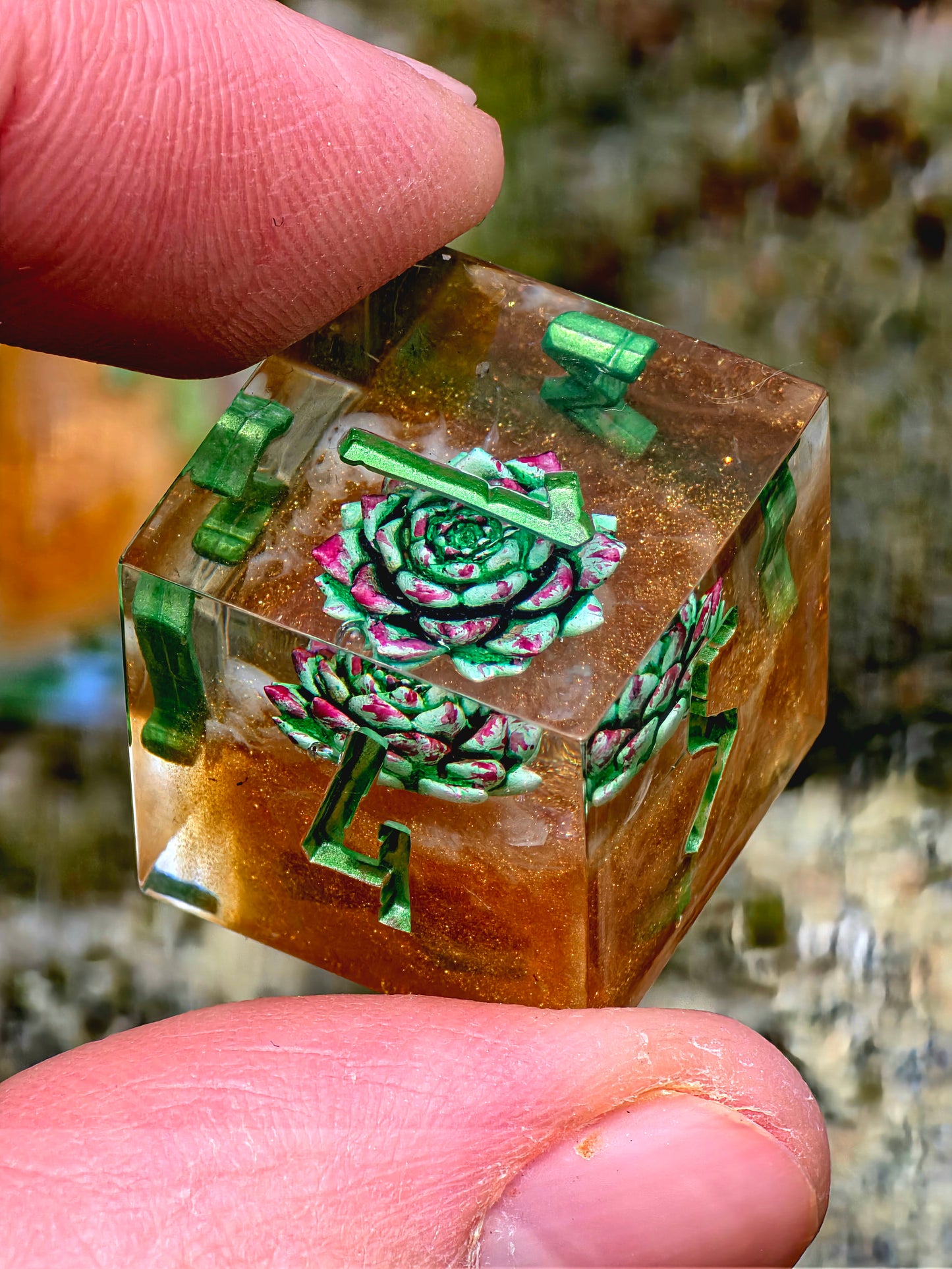 DnD Würfel Set Succulenten – Handgemachte Resin Würfel, Grün Gold Dice, Fantasy Würfel Set, RPG Dice,Mini succulent inserts, Nature