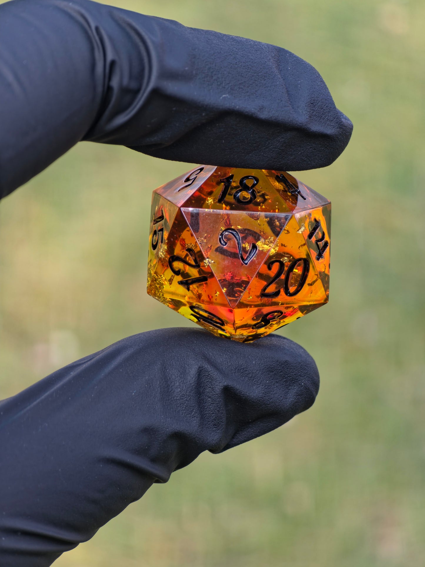 Amber Dice Set "Golden Resin Amber" - 8 Dice Set with Gold Flakes, Honey Amber Effect | Black Numbers | Handmade Sharp Edge TTRPG Dice
