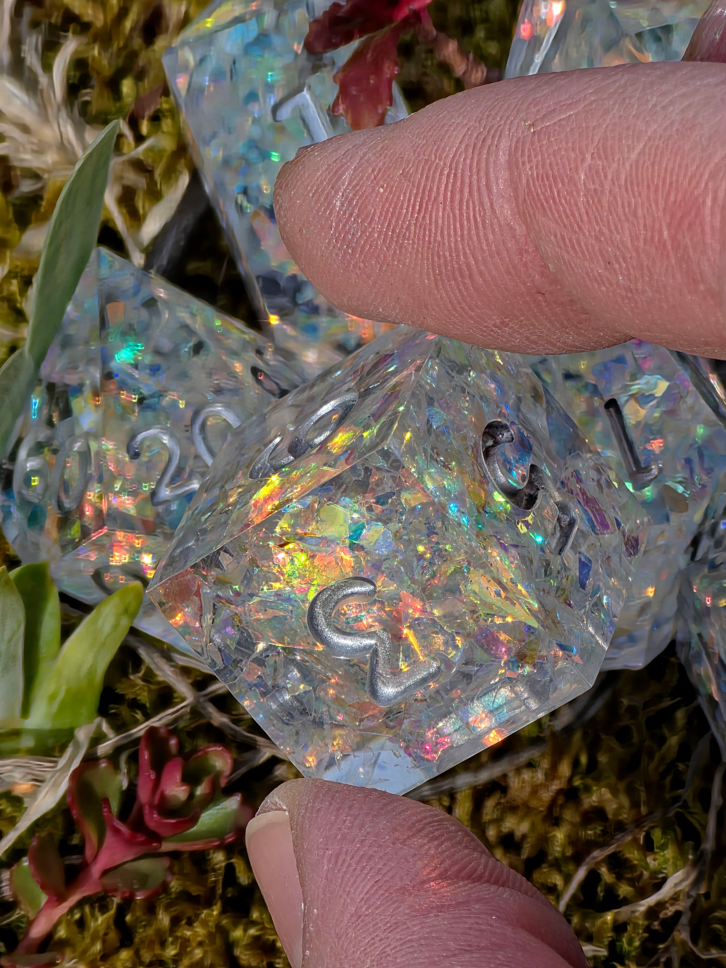 Iridescent Opal Dice Set – Clear Resin DnD Dice with Rainbow Flakes, Prism Light Effect, Sharp Edge Fantasy Dice, Handmade TTRPG Set