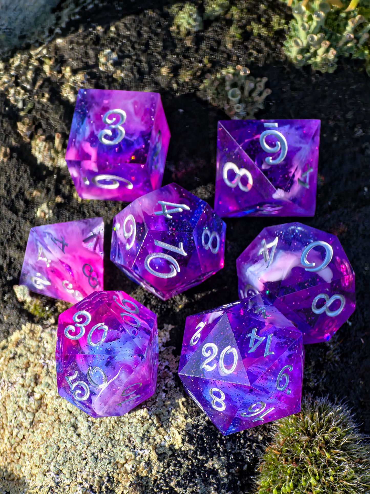 Nebula Heart Galaxy – Polyhedral Dice Set | Pink-Purple-Blue Galaxy &amp; Cloud Petri Effect | Resin D&amp;D Dice Set with Silver Numbers | Handmade