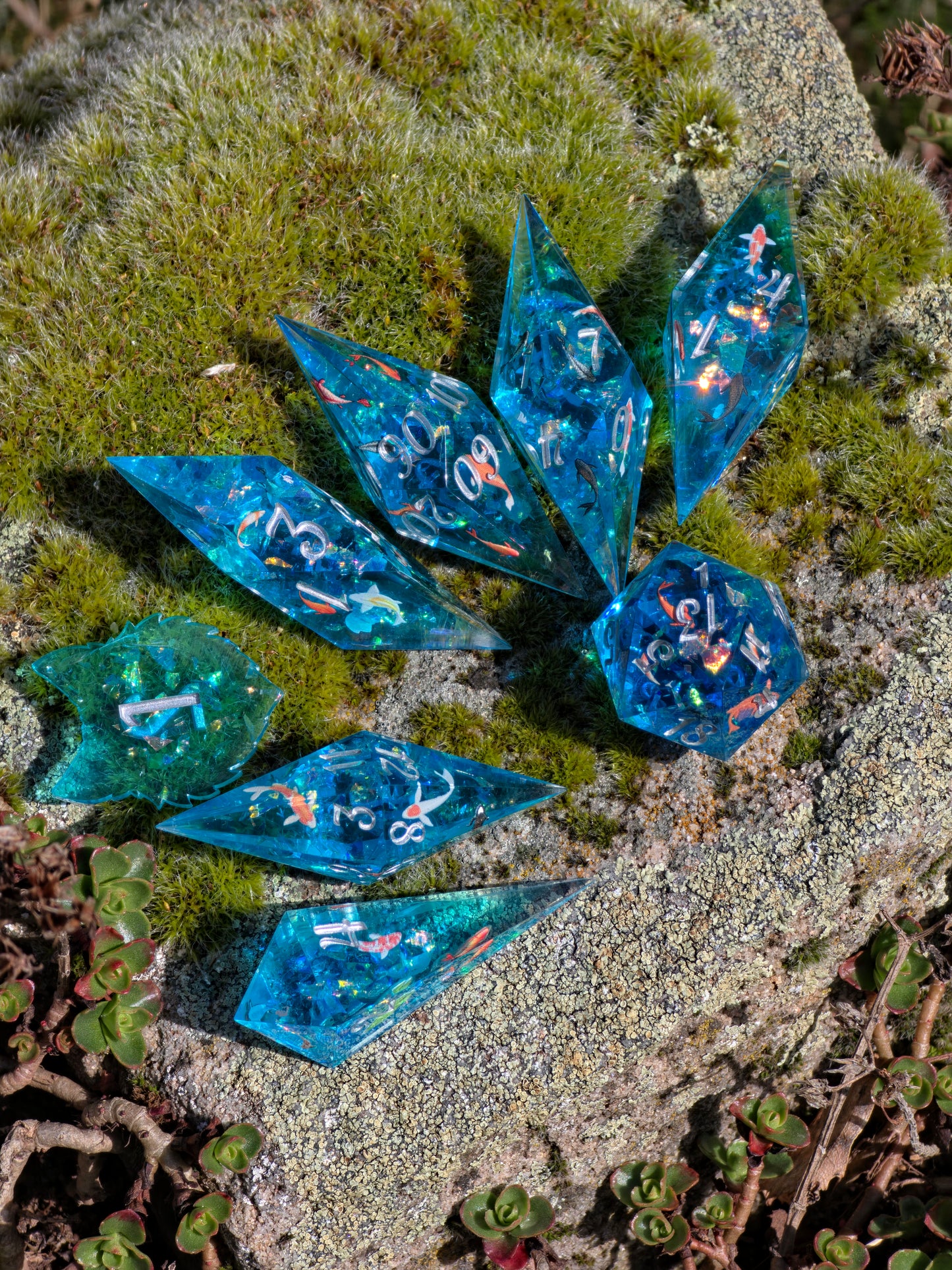 Koi Pond Dice Set – Japanese Koi Fish Resin Dice , Elongated Sharp Edge DnD Dice Set, Blue Water Fantasy Dice, Handmade TTRPG Dice 8pc