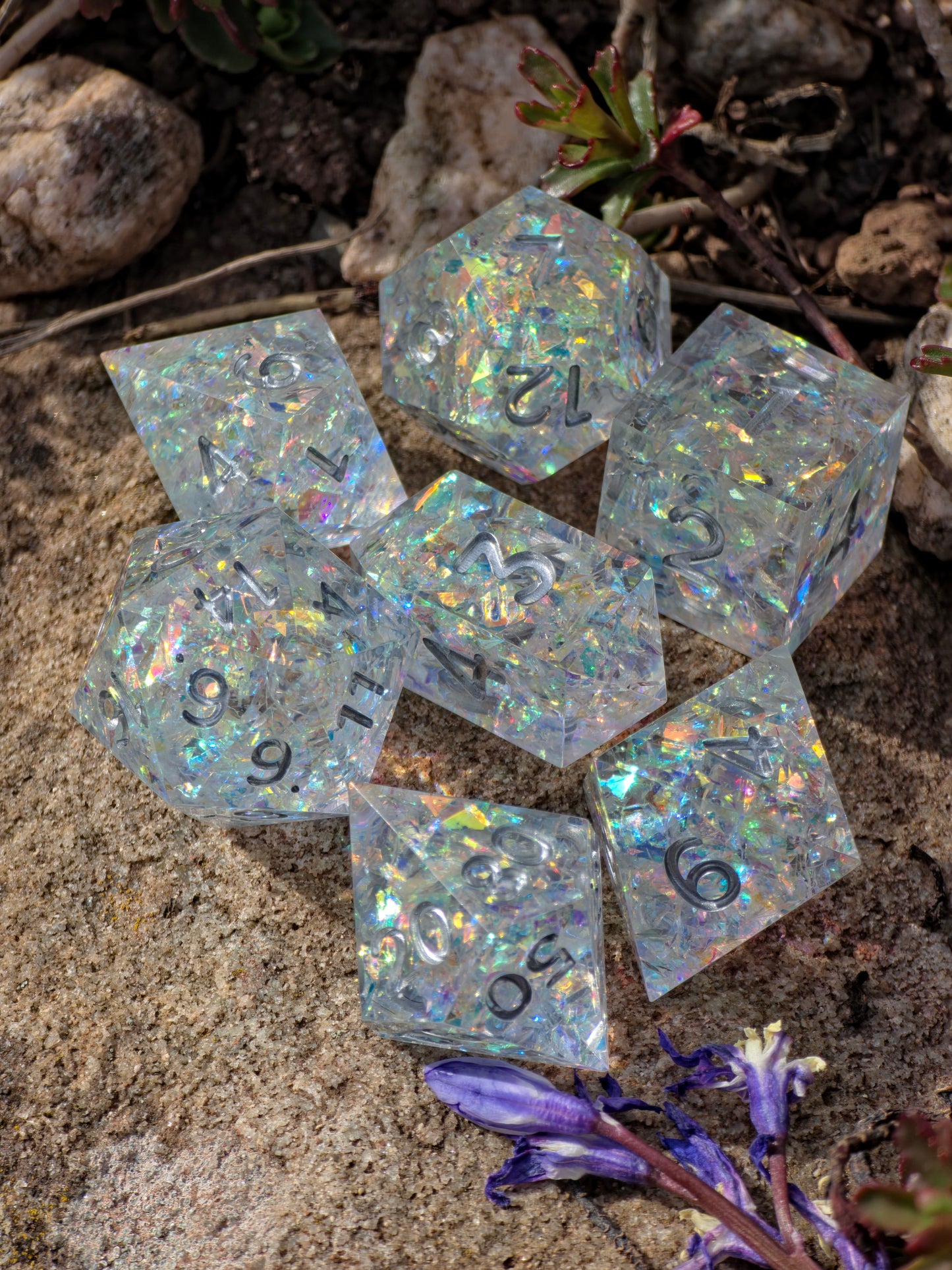 Iridescent Opal Dice Set – Clear Resin DnD Dice with Rainbow Flakes, Prism Light Effect, Sharp Edge Fantasy Dice, Handmade TTRPG Set