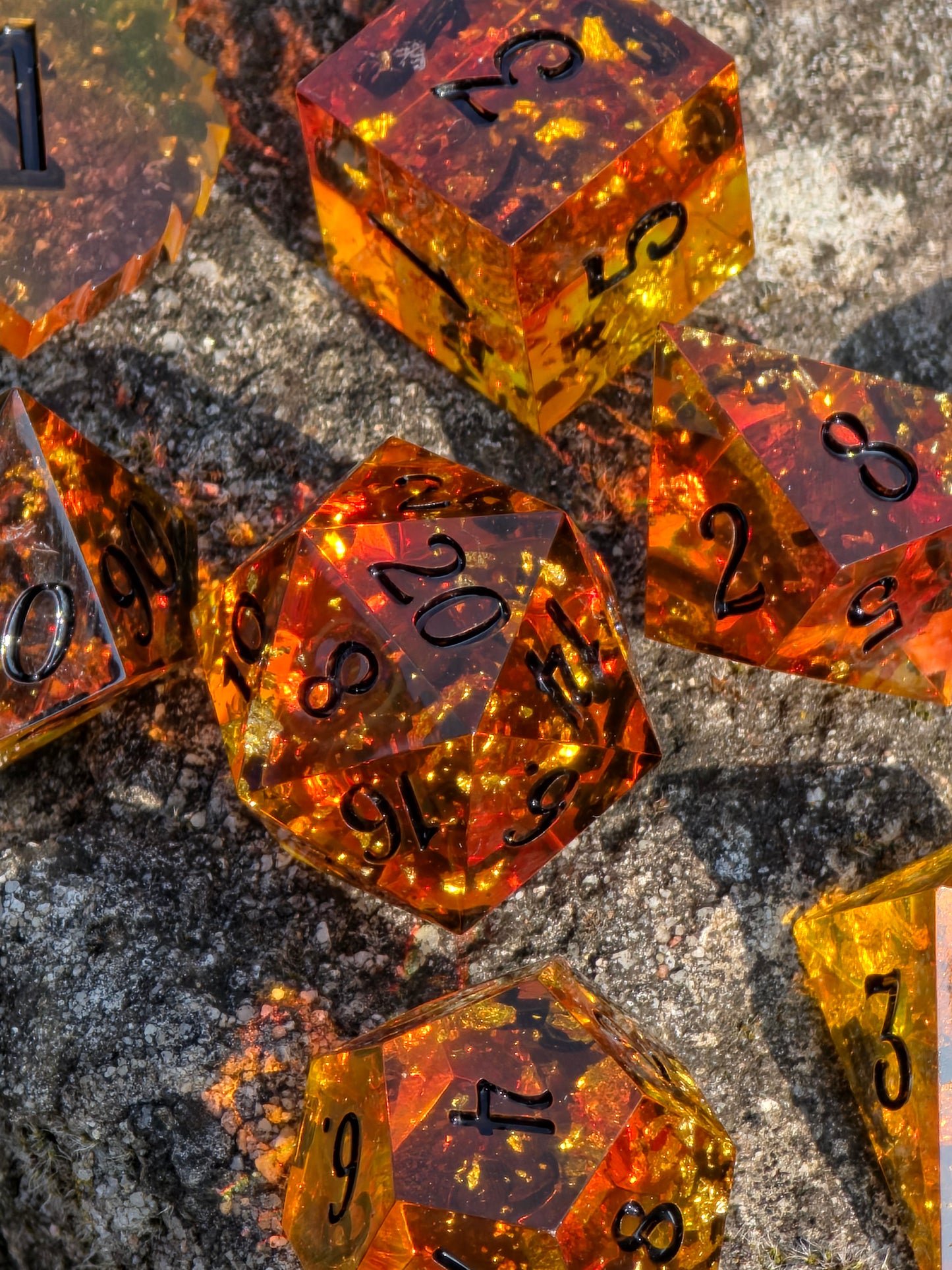 Amber Dice Set "Golden Resin Amber" - 8 Dice Set with Gold Flakes, Honey Amber Effect | Black Numbers | Handmade Sharp Edge TTRPG Dice