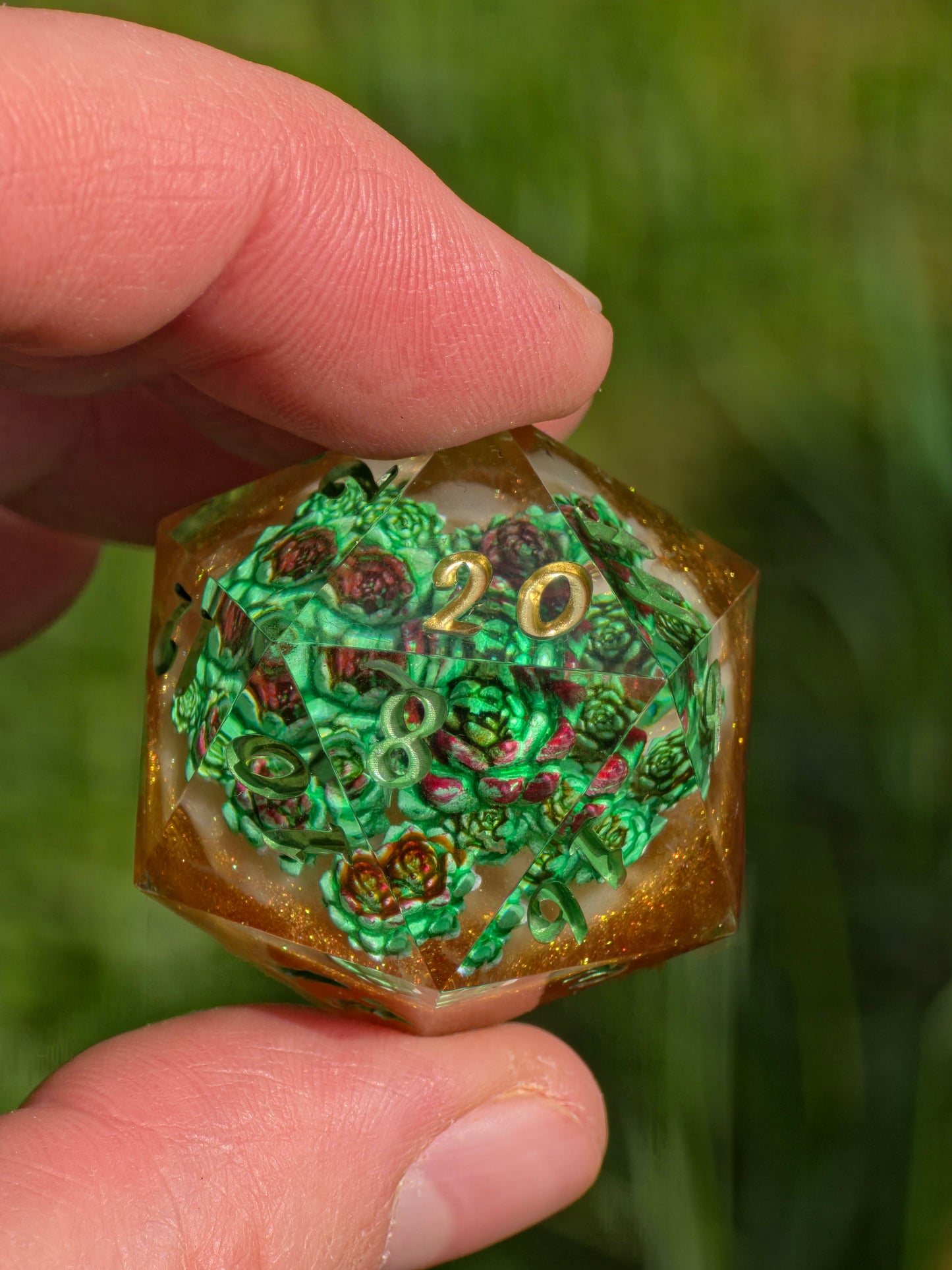 D20 Die 35mm Succulent - Handmade Resin Dice, Green Gold DnD Dice, Single RPG Die, Gift for Gamers