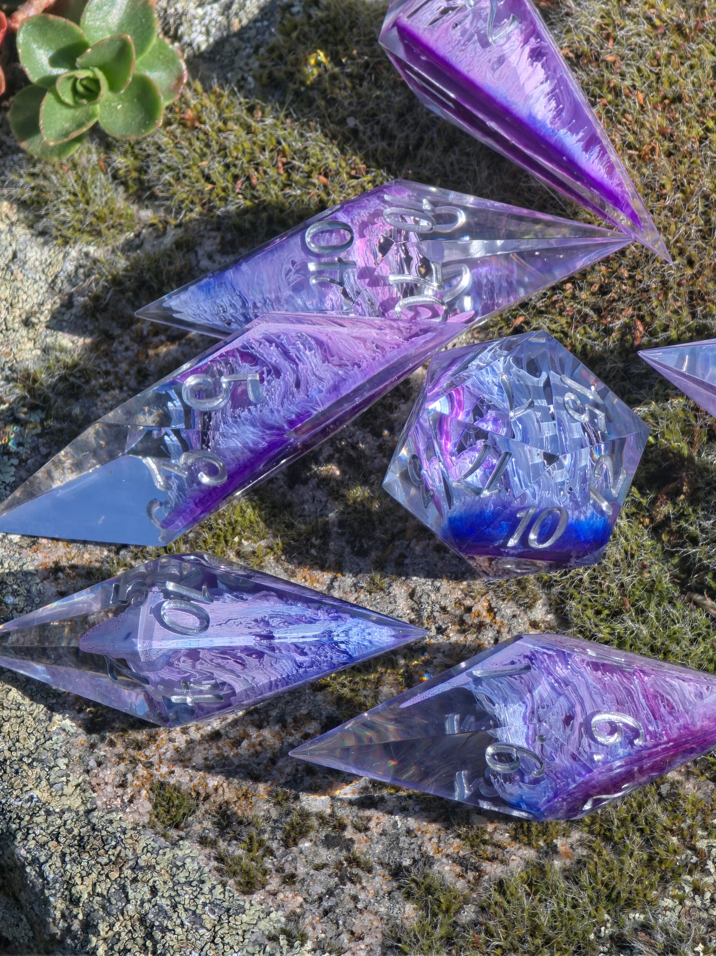 Aether Bloom Elongated Petri Dice Set – Handmade Resin Dice, Purple Blue Petri Effect, Unique Long Dice, DnD Dice, Collector Dice