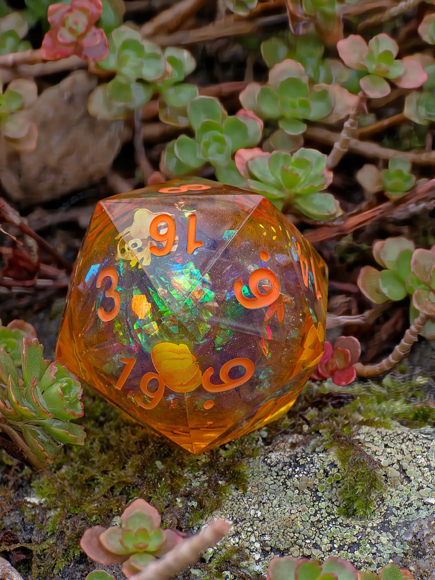 Chonk Polyedrischer D20 Würfel 33–35 mm – Liquid Core Autumn Raccoon Dice | Handgemachter Resin Würfel mit Herbstblättern, Kürbis, Halloween