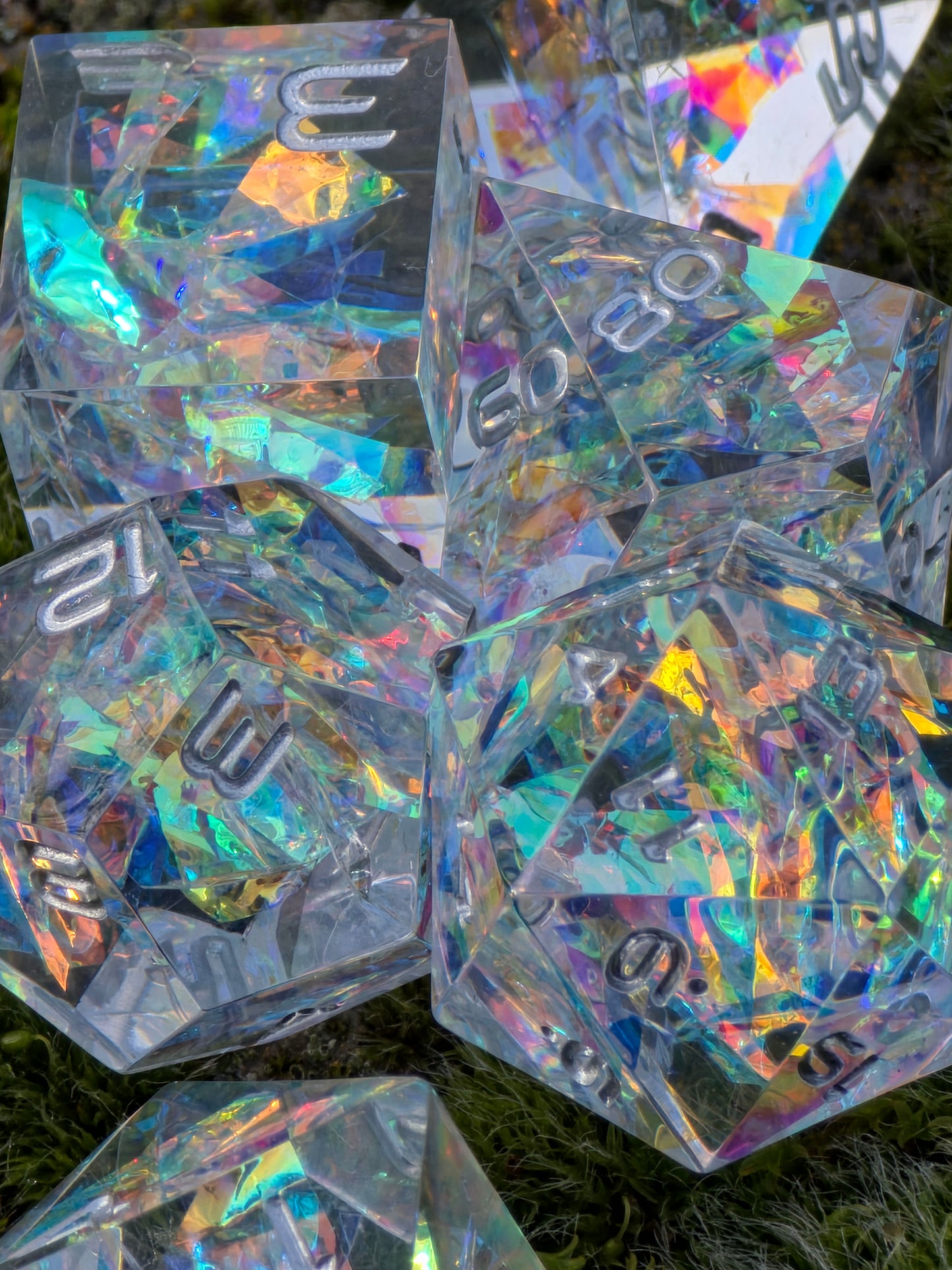 Prismatic Aether – Crystal Fragment of First Magic | Holographic Rainbow Dice Set | Handmade Resin D&amp;D Dice | Clear &amp; Iridescent