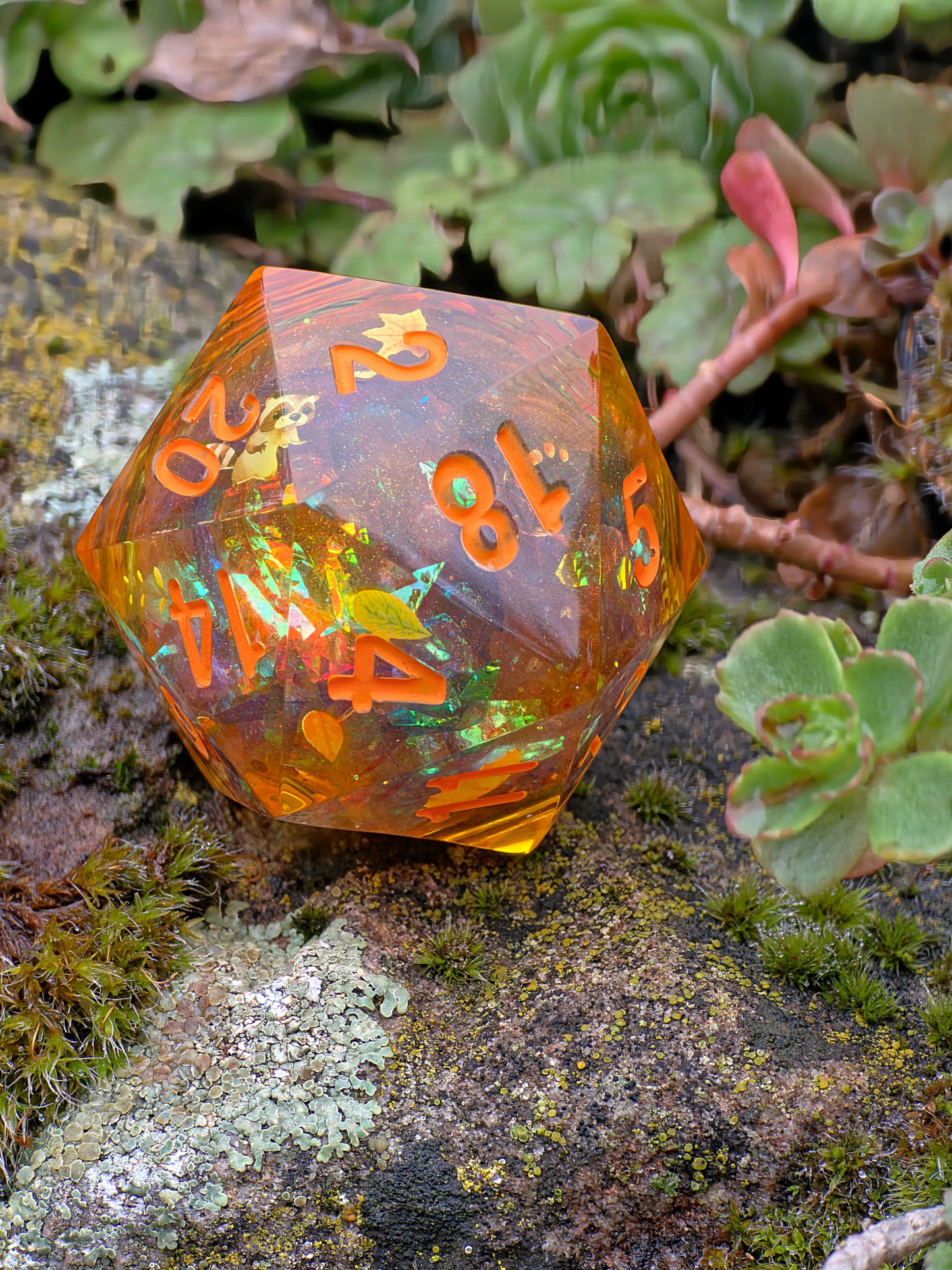 Chonk Polyedrischer D20 Würfel 33–35 mm – Liquid Core Autumn Raccoon Dice | Handgemachter Resin Würfel mit Herbstblättern, Kürbis, Halloween