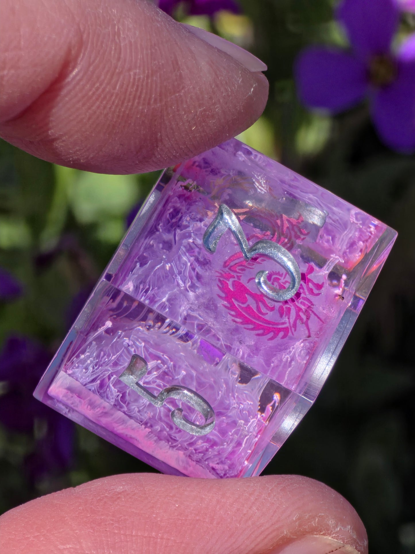 Fantasy Dragon Dice Set – Purple Pink Petri Resin Dice with Dragon Inside, Sharp Edge DnD Dice, Handmade TTRPG Dice