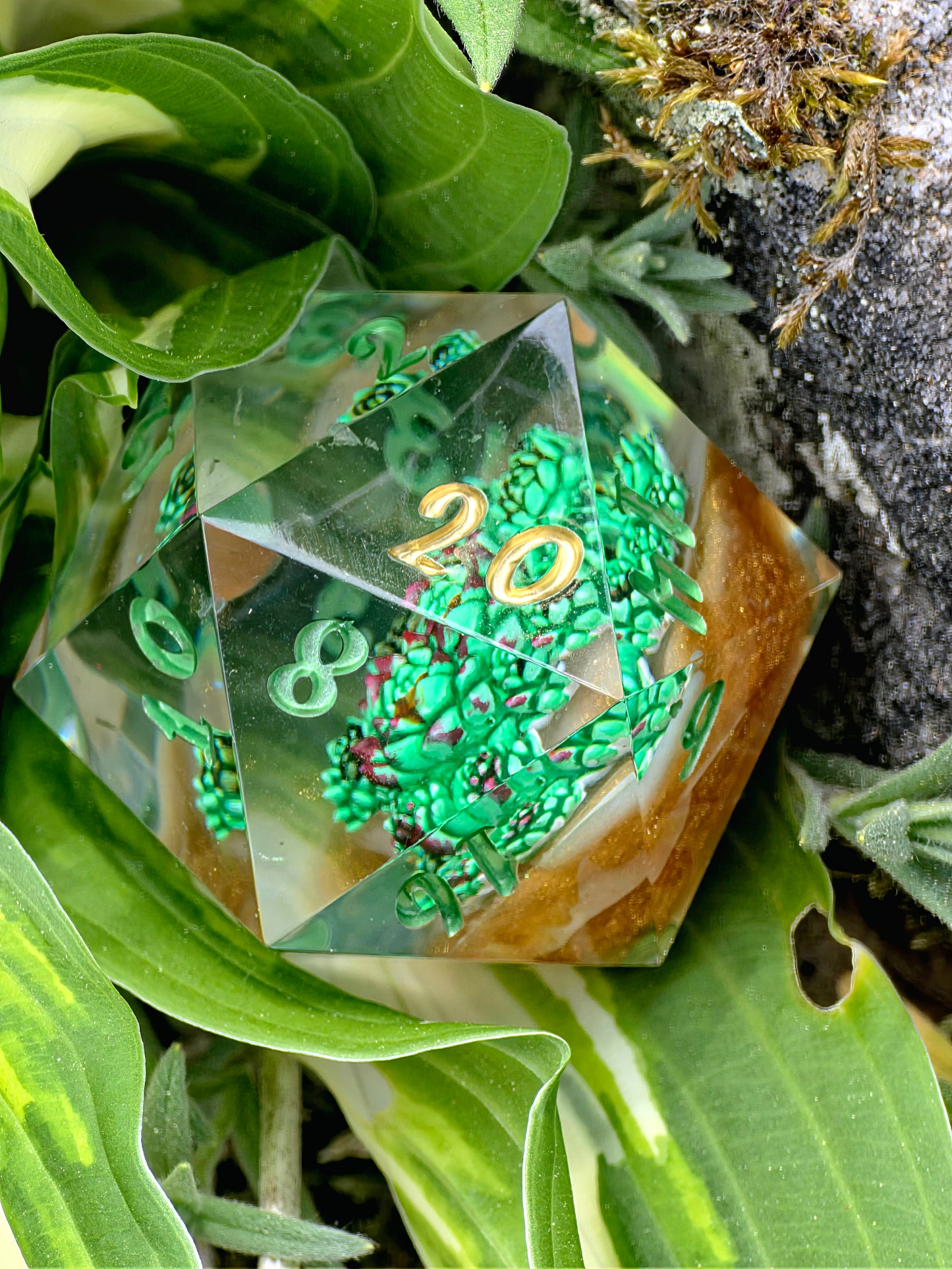 D20 Dice 40mm Succulent – Large Handmade Resin Dice, Green Gold DnD Dice, Premium RPG Single Die