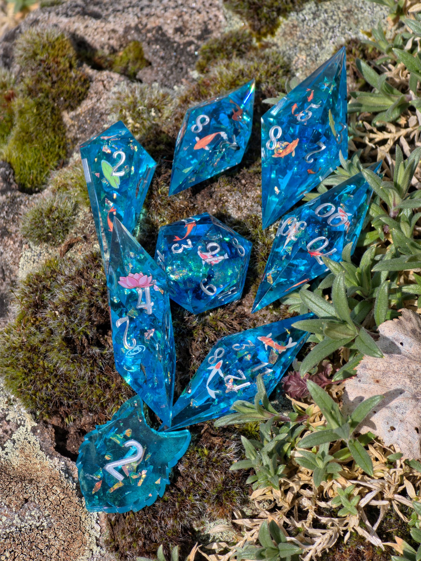 Koi Pond Dice Set – Japanese Koi Fish Resin Dice , Elongated Sharp Edge DnD Dice Set, Blue Water Fantasy Dice, Handmade TTRPG Dice 8pc