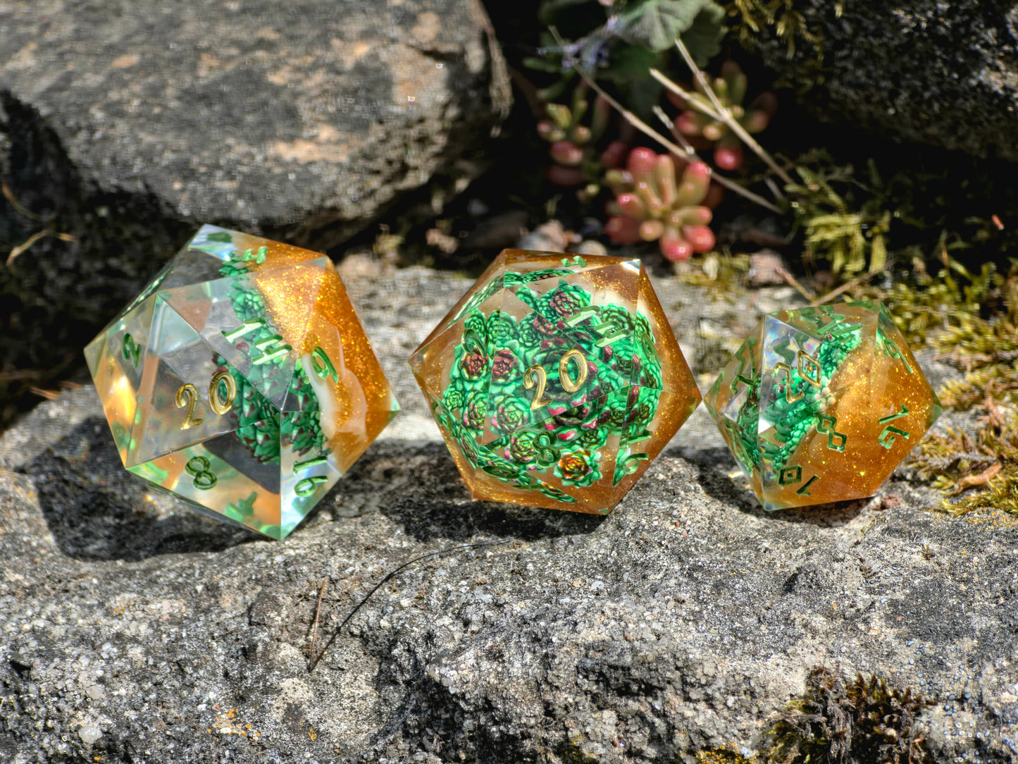 D20 Dice 40mm Succulent – Large Handmade Resin Dice, Green Gold DnD Dice, Premium RPG Single Die
