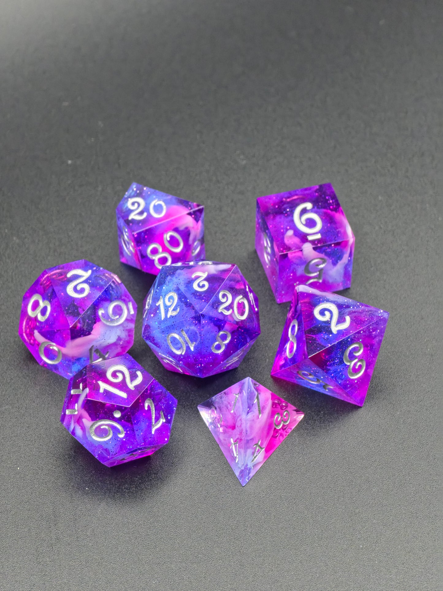 Nebula Heart Galaxy – Polyhedral Dice Set | Pink-Purple-Blue Galaxy &amp; Cloud Petri Effect | Resin D&amp;D Dice Set with Silver Numbers | Handmade