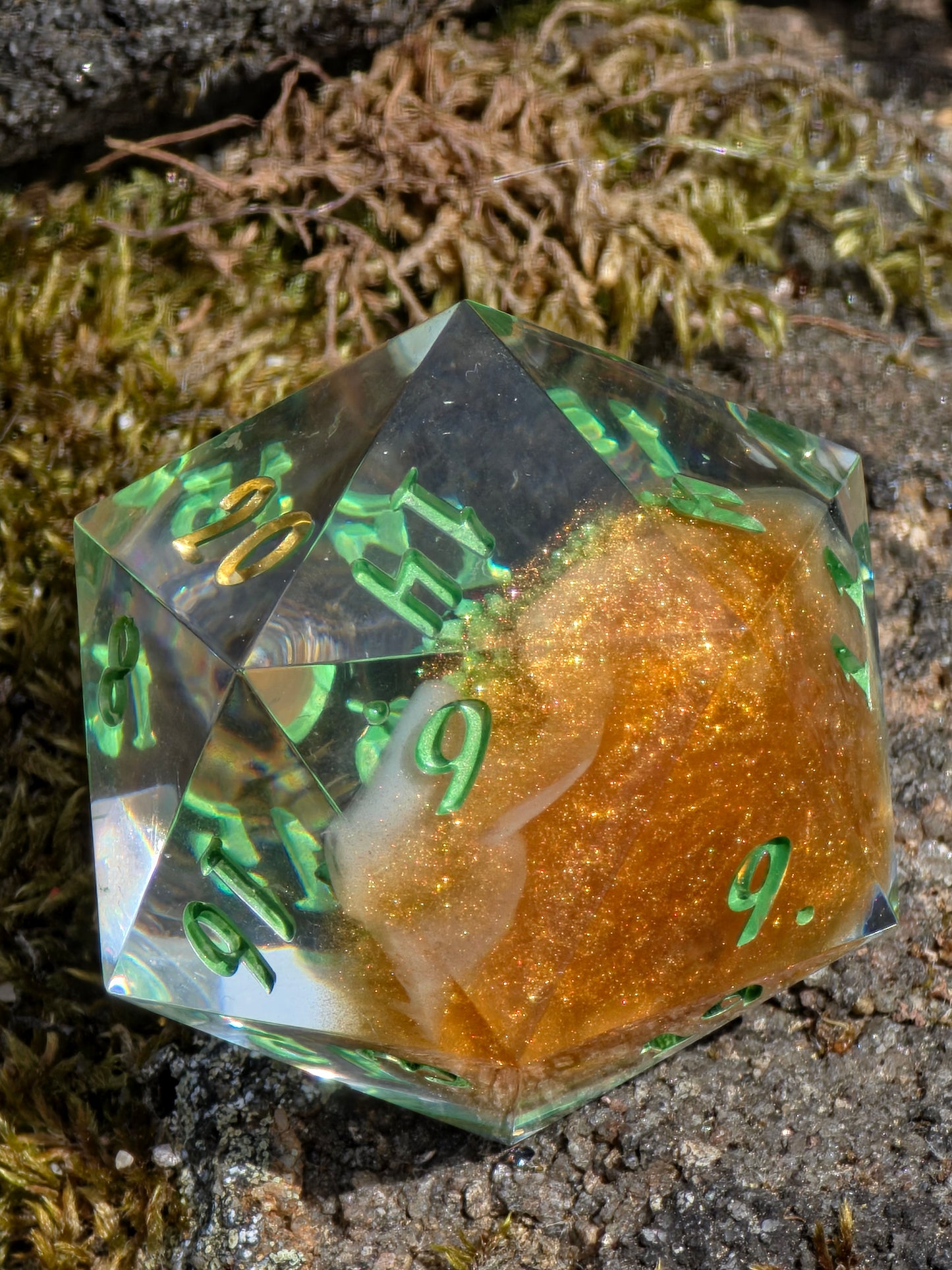 D20 Dice 40mm Succulent – Large Handmade Resin Dice, Green Gold DnD Dice, Premium RPG Single Die