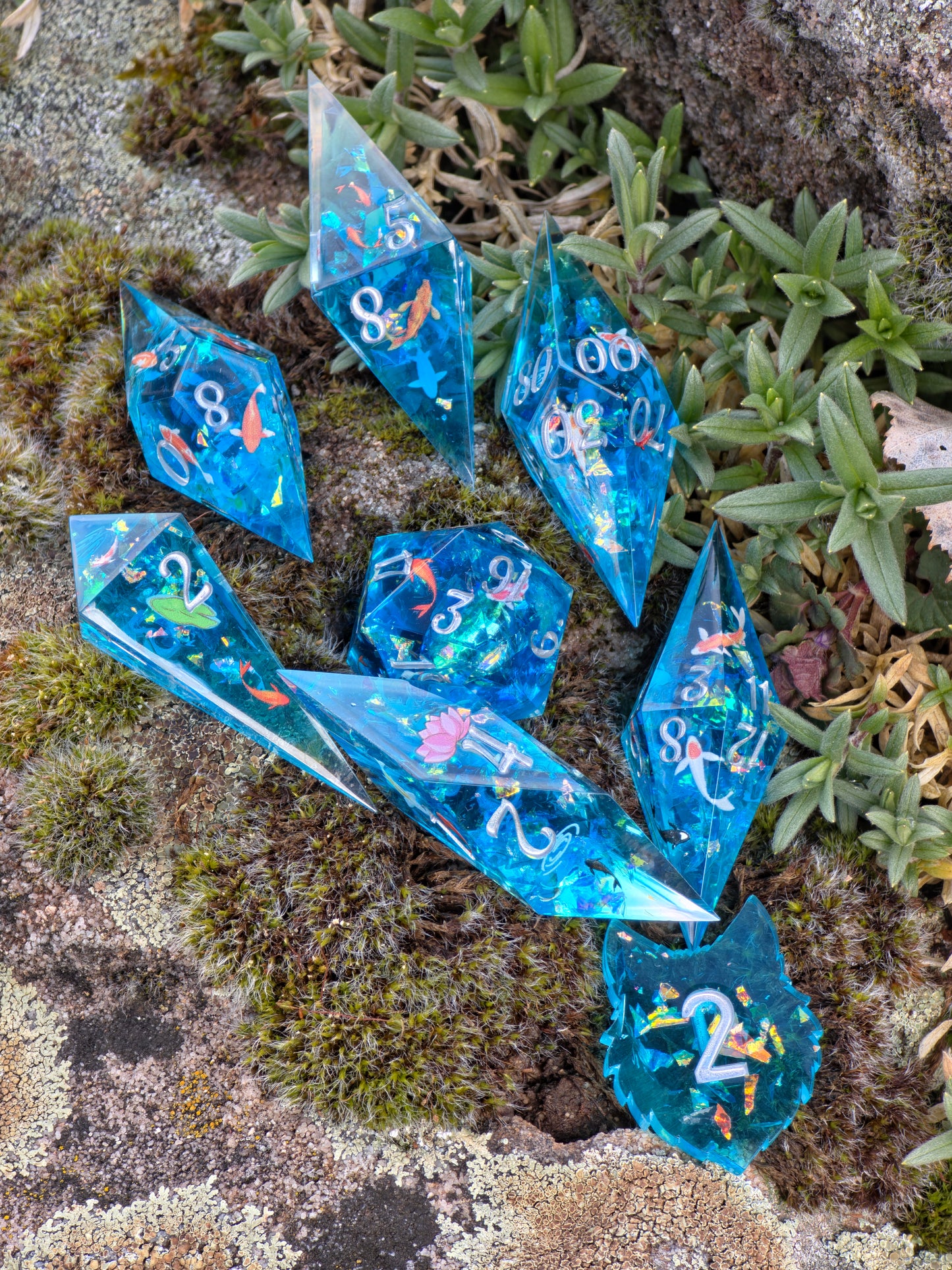 Koi Pond Dice Set – Japanese Koi Fish Resin Dice , Elongated Sharp Edge DnD Dice Set, Blue Water Fantasy Dice, Handmade TTRPG Dice 8pc