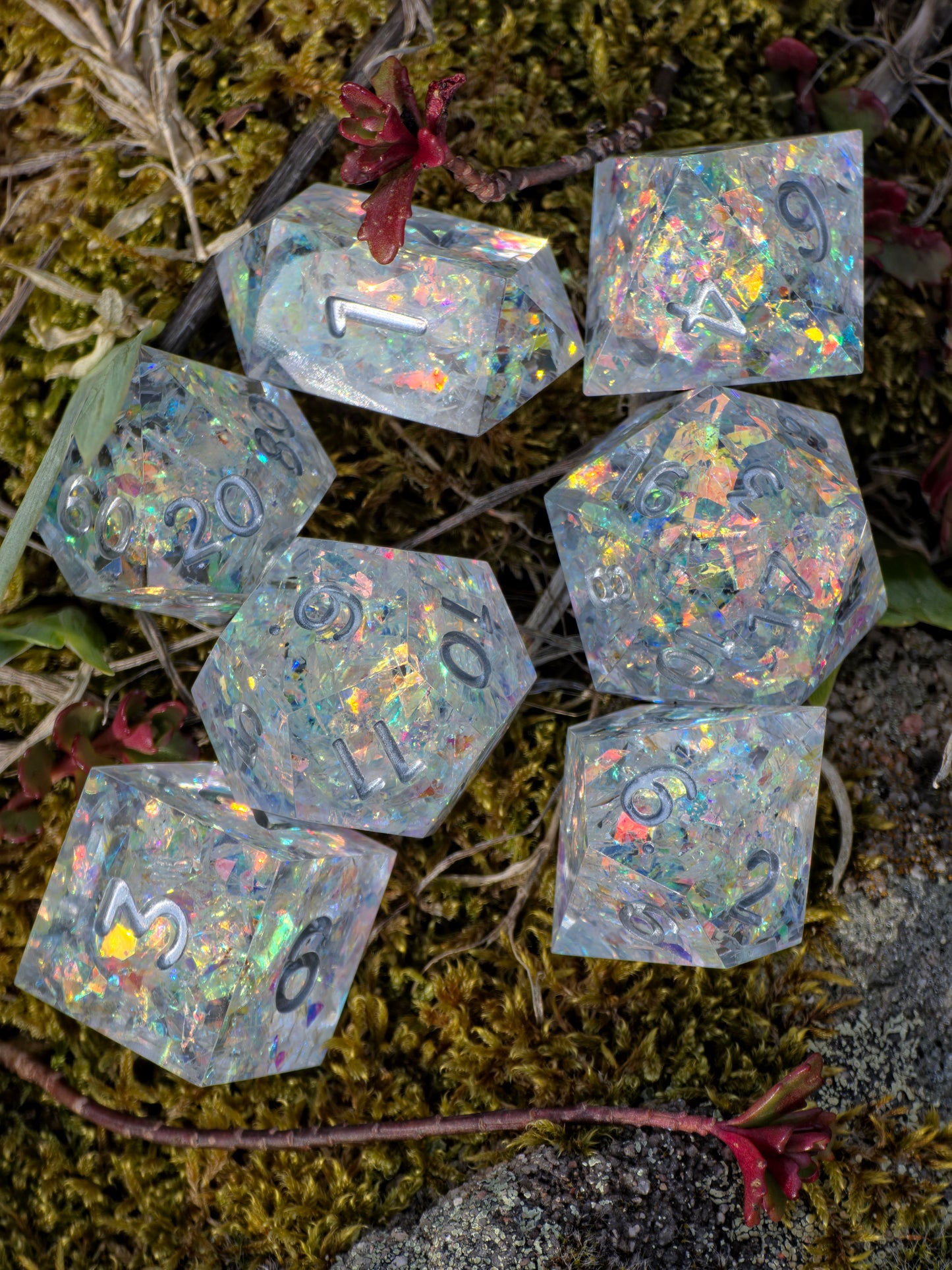 Iridescent Opal Dice Set – Clear Resin DnD Dice with Rainbow Flakes, Prism Light Effect, Sharp Edge Fantasy Dice, Handmade TTRPG Set