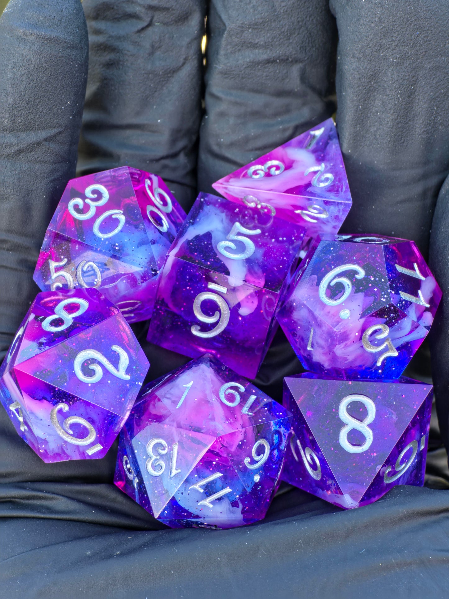 Nebula Heart Galaxy – Polyhedral Dice Set | Pink-Purple-Blue Galaxy &amp; Cloud Petri Effect | Resin D&amp;D Dice Set with Silver Numbers | Handmade