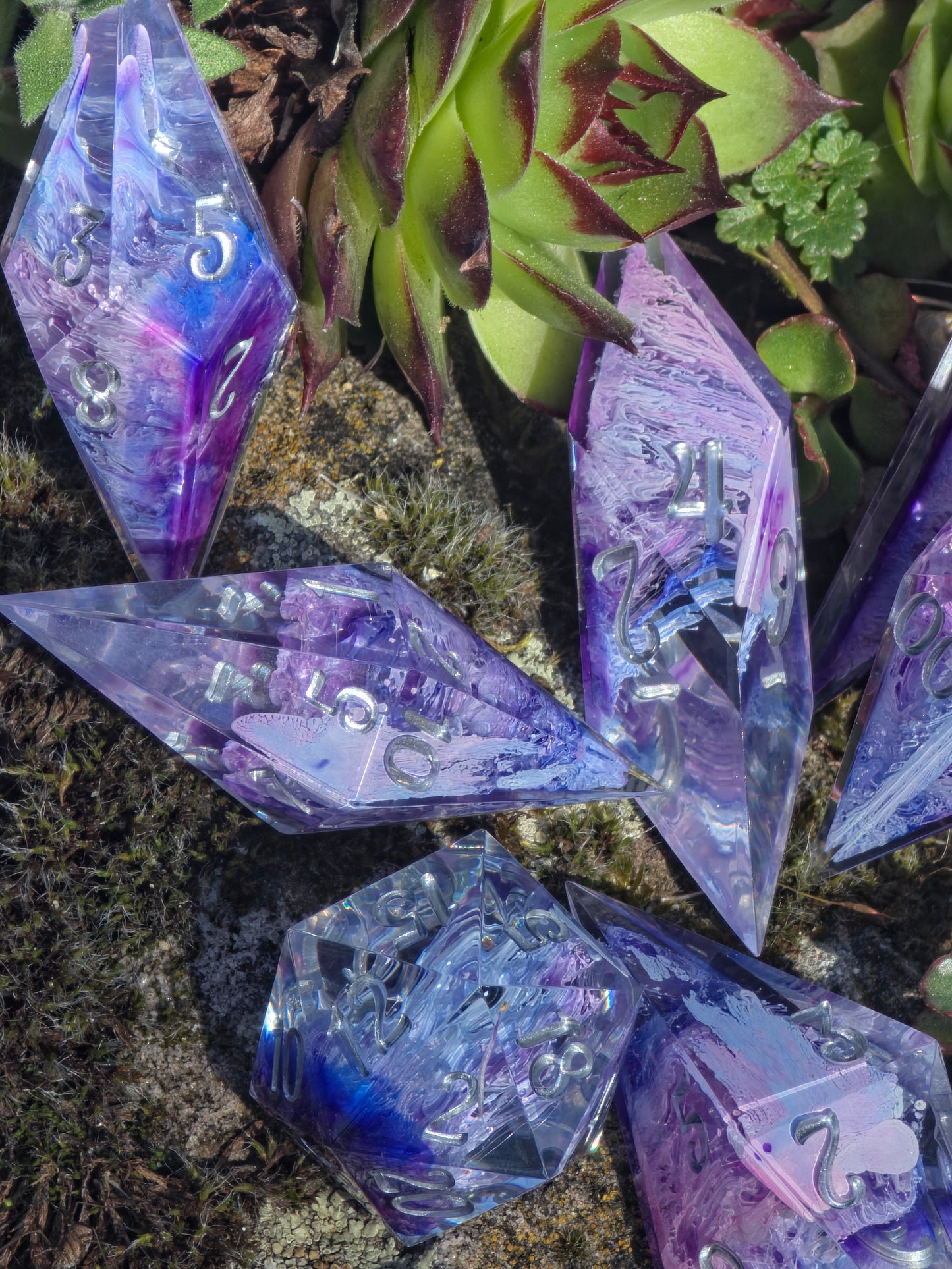 Aether Bloom Elongated Petri Dice Set – Handmade Resin Dice, Purple Blue Petri Effect, Unique Long Dice, DnD Dice, Collector Dice